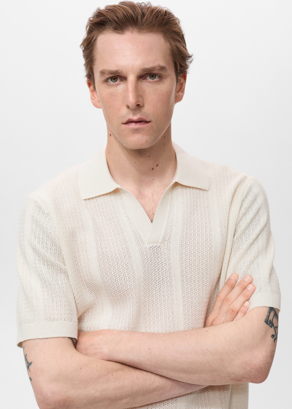 Knitted cotton polo shirt with lace pattern