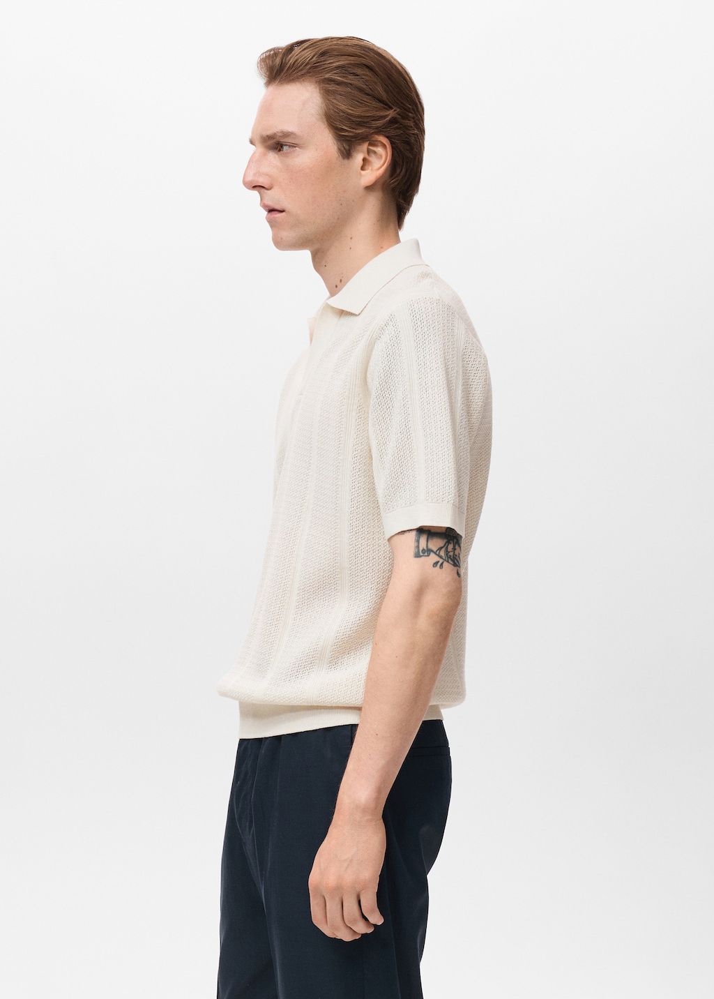 Knitted cotton polo shirt with lace pattern