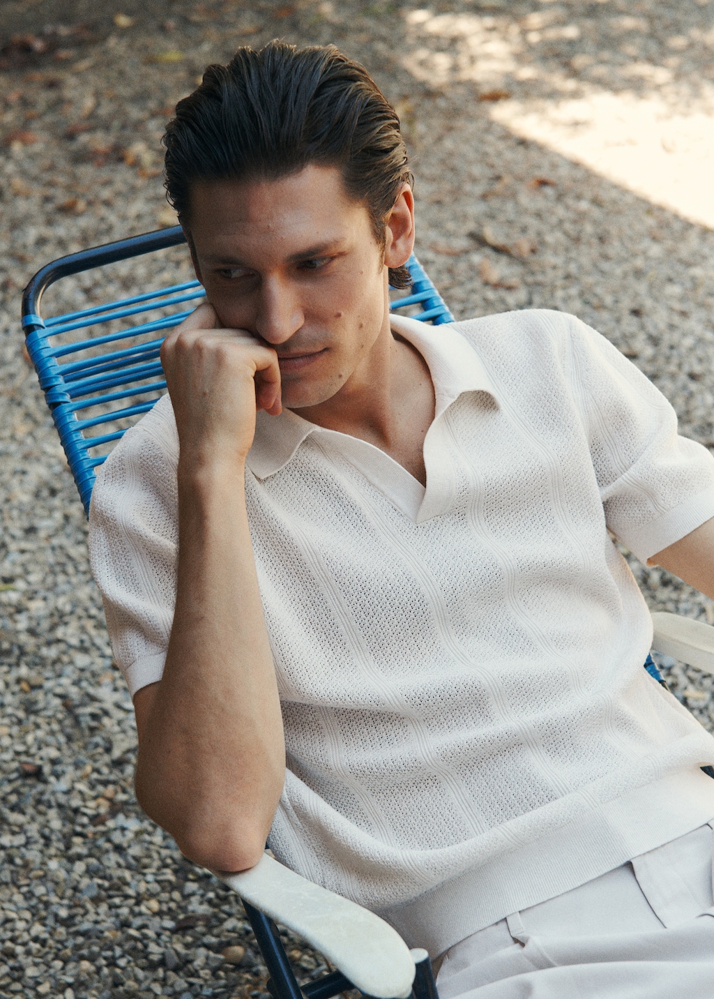 Knitted cotton polo shirt with lace pattern