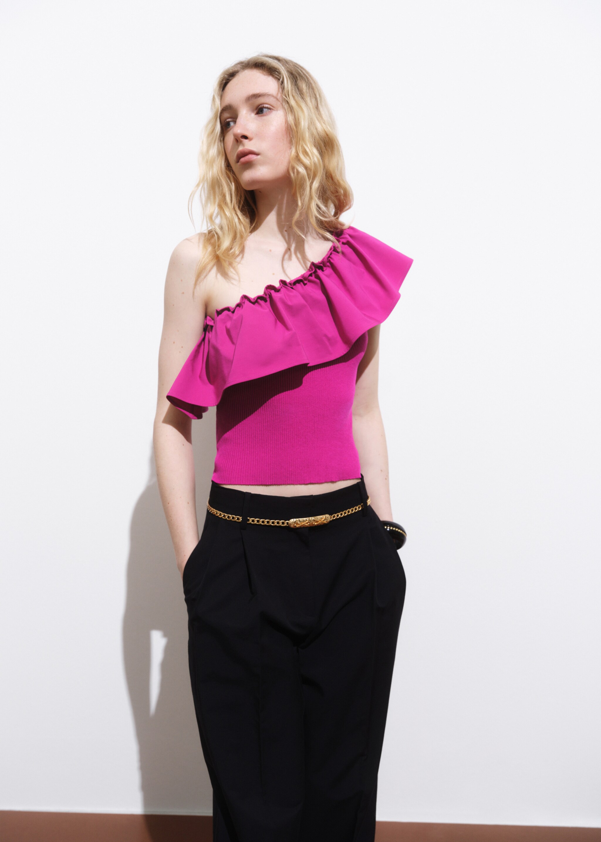 Asymmetrical top in combined fabric - Medium plane, Fuchsia. Ref: 17031263-00.