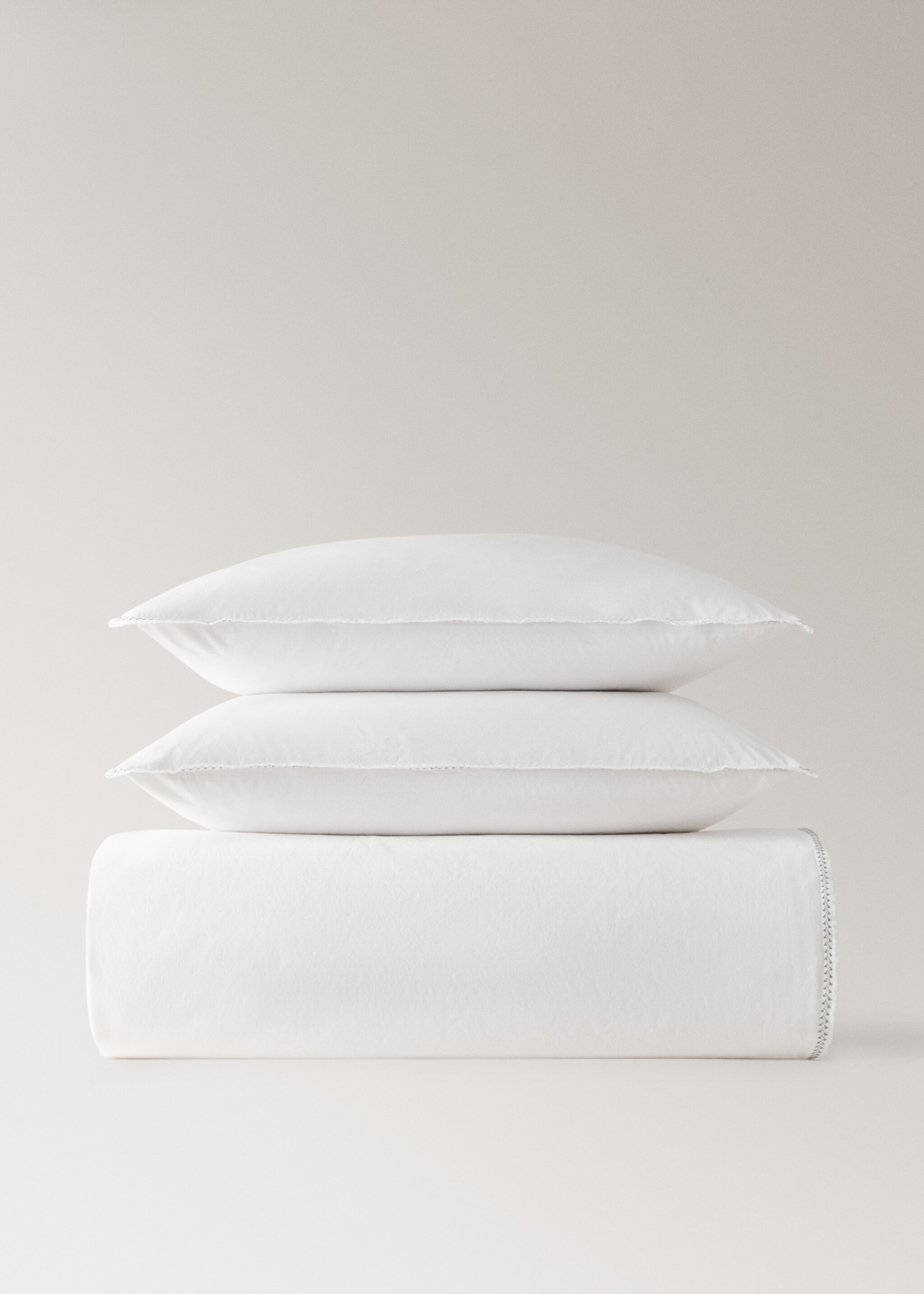 Washed cotton percale duvet cover with zigzag stitching King bed - Προϊόν χωρίς μοντέλο, Υπόλευκο. Ref: 17031527-00.
