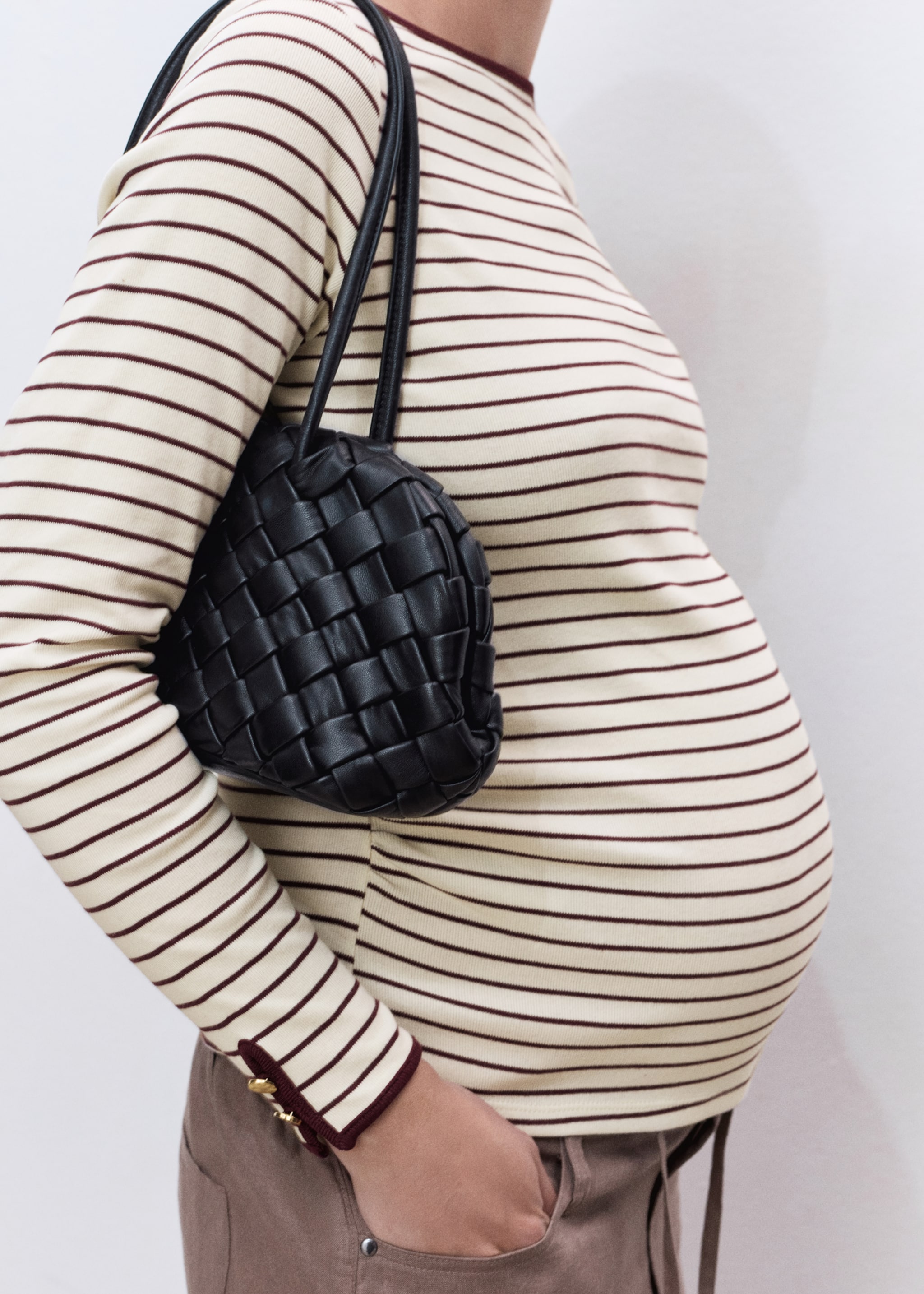 Maternity cotton buttoned cuffs t-shirt - Medium plane, Burgundy. Ref: 17034087-00.