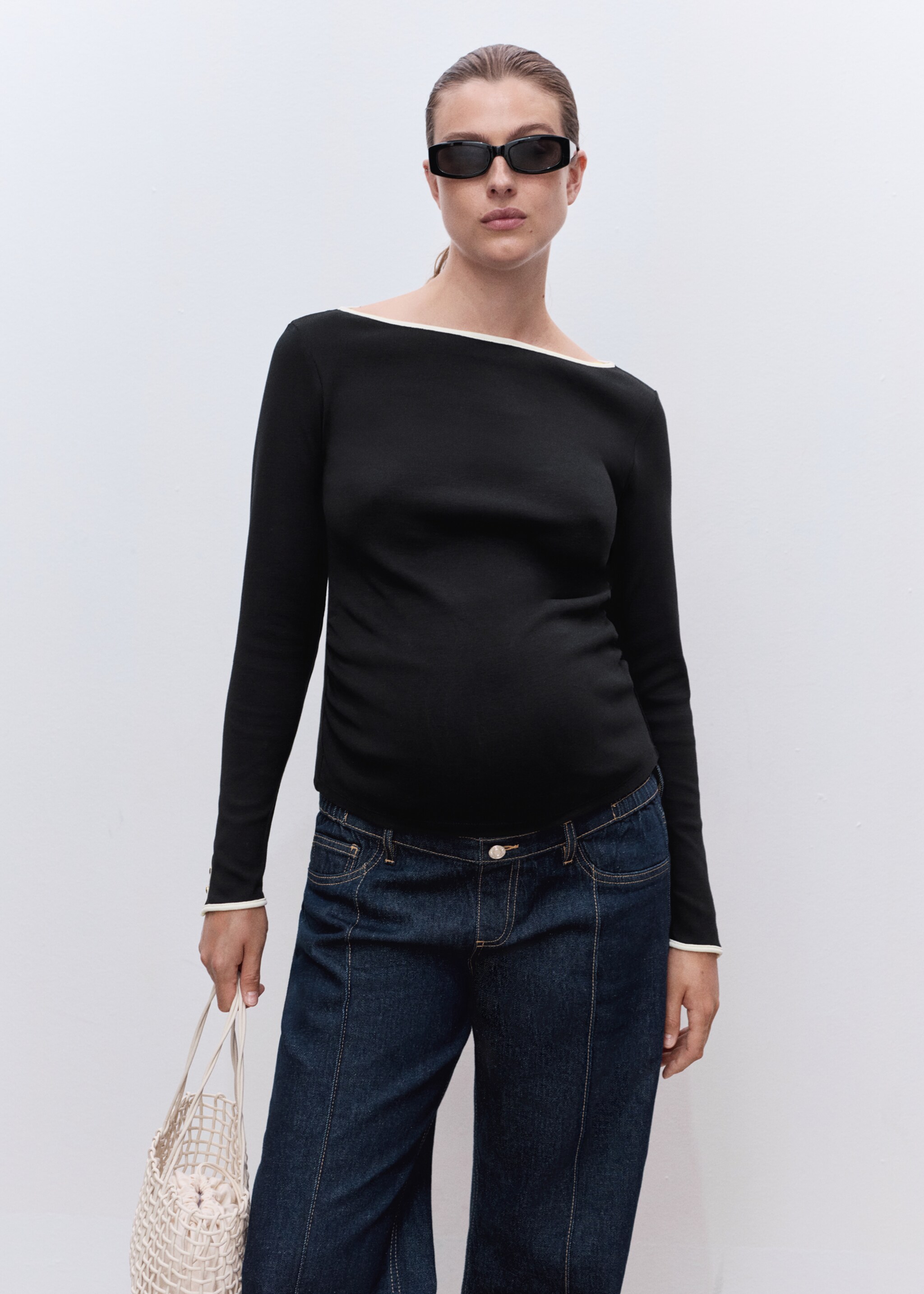 Maternity cotton buttoned cuffs t-shirt - Medium plane, Black. Ref: 17034087-00.