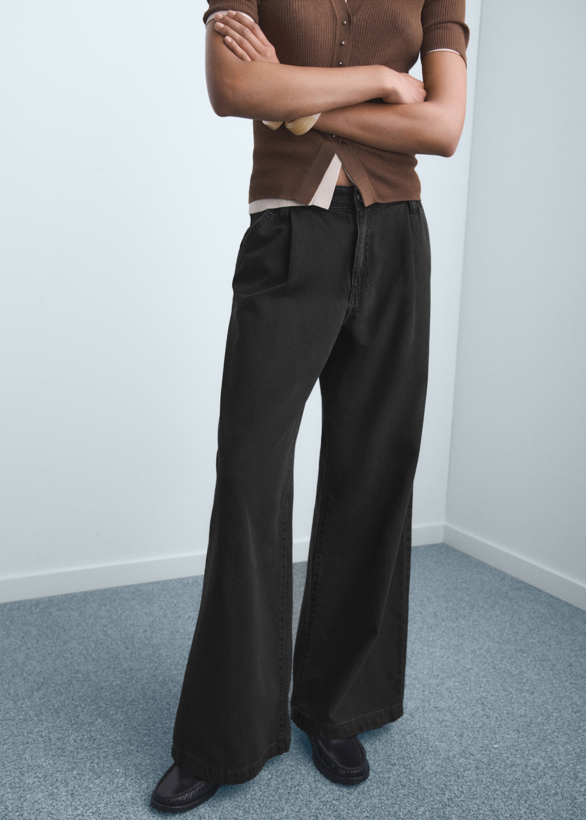 Wide-leg pleated jeans - Medium plane, Black denim. Ref: 17034095-00.