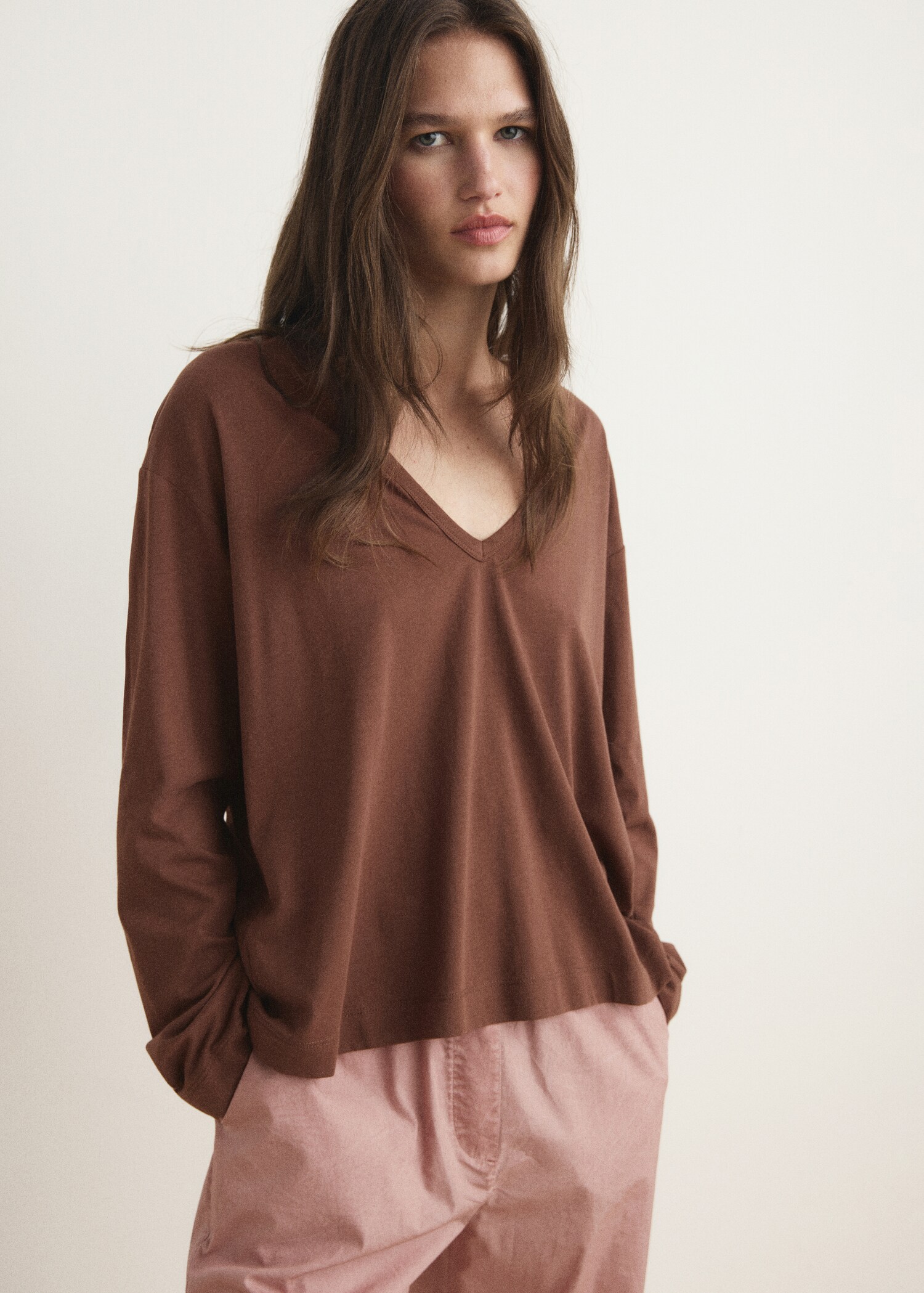 Camiseta pijama algodón detalle mangas - Plano medio