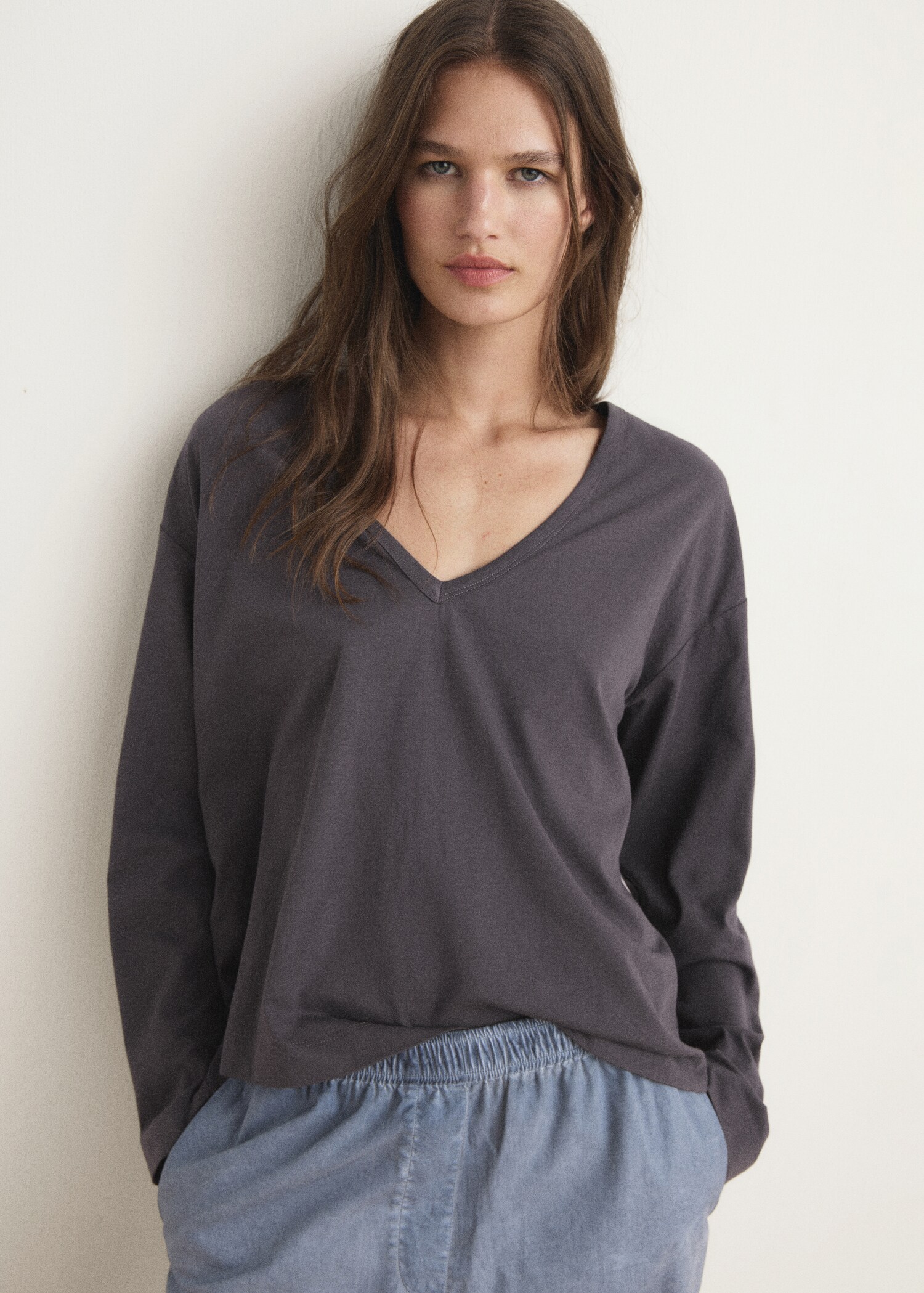 Camiseta pijama algodón detalle mangas - Plano medio