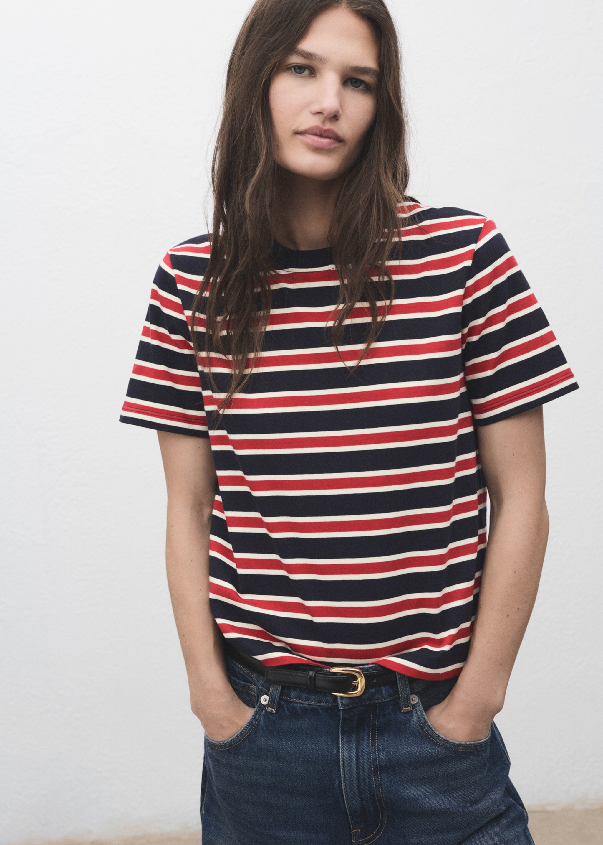 Striped cotton T-shirt - Medium plane, Navy. Ref: 17034144-00.