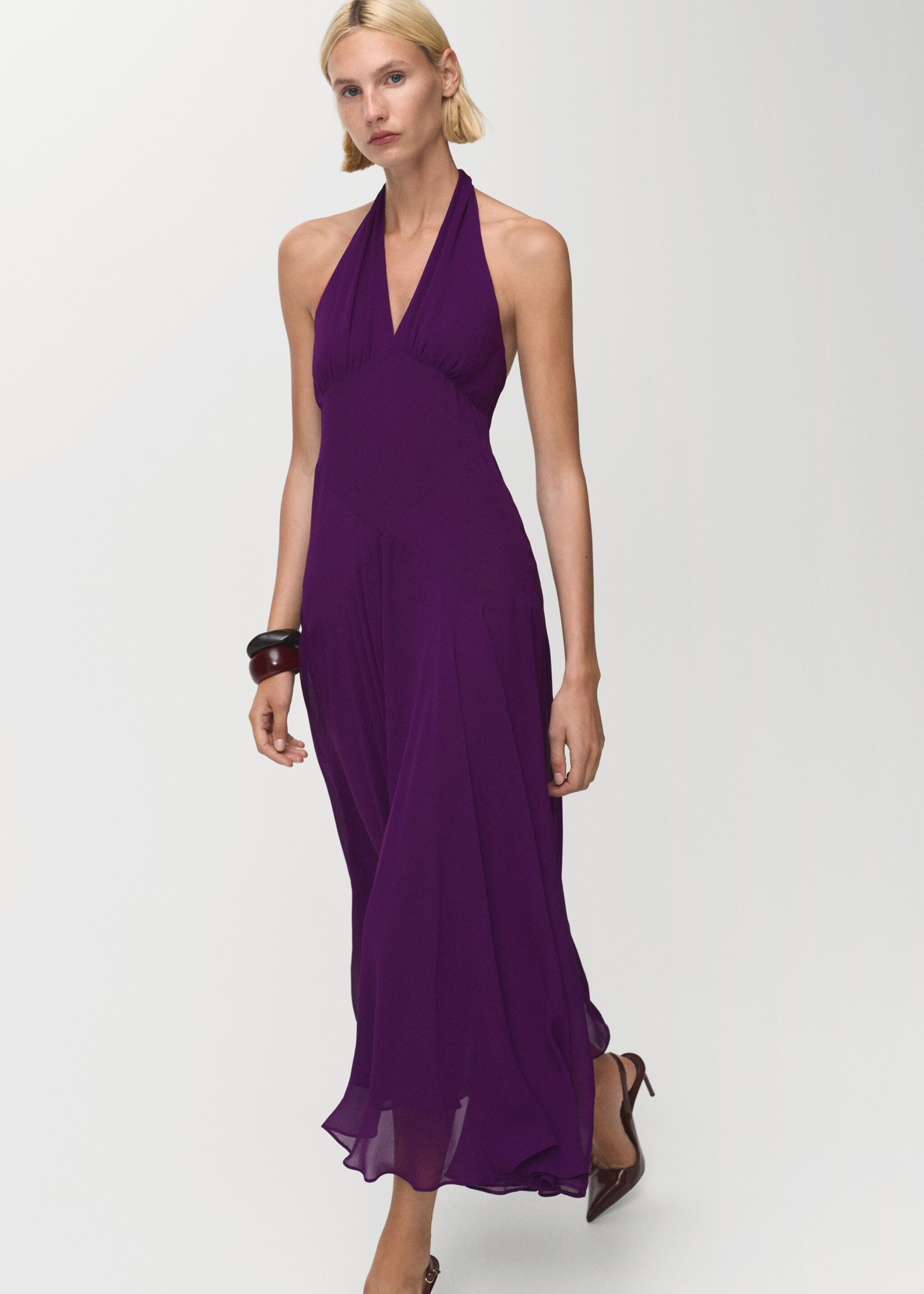 Long halter-neck dress - Details of the article 2, Purple. Ref: 17034447-00.