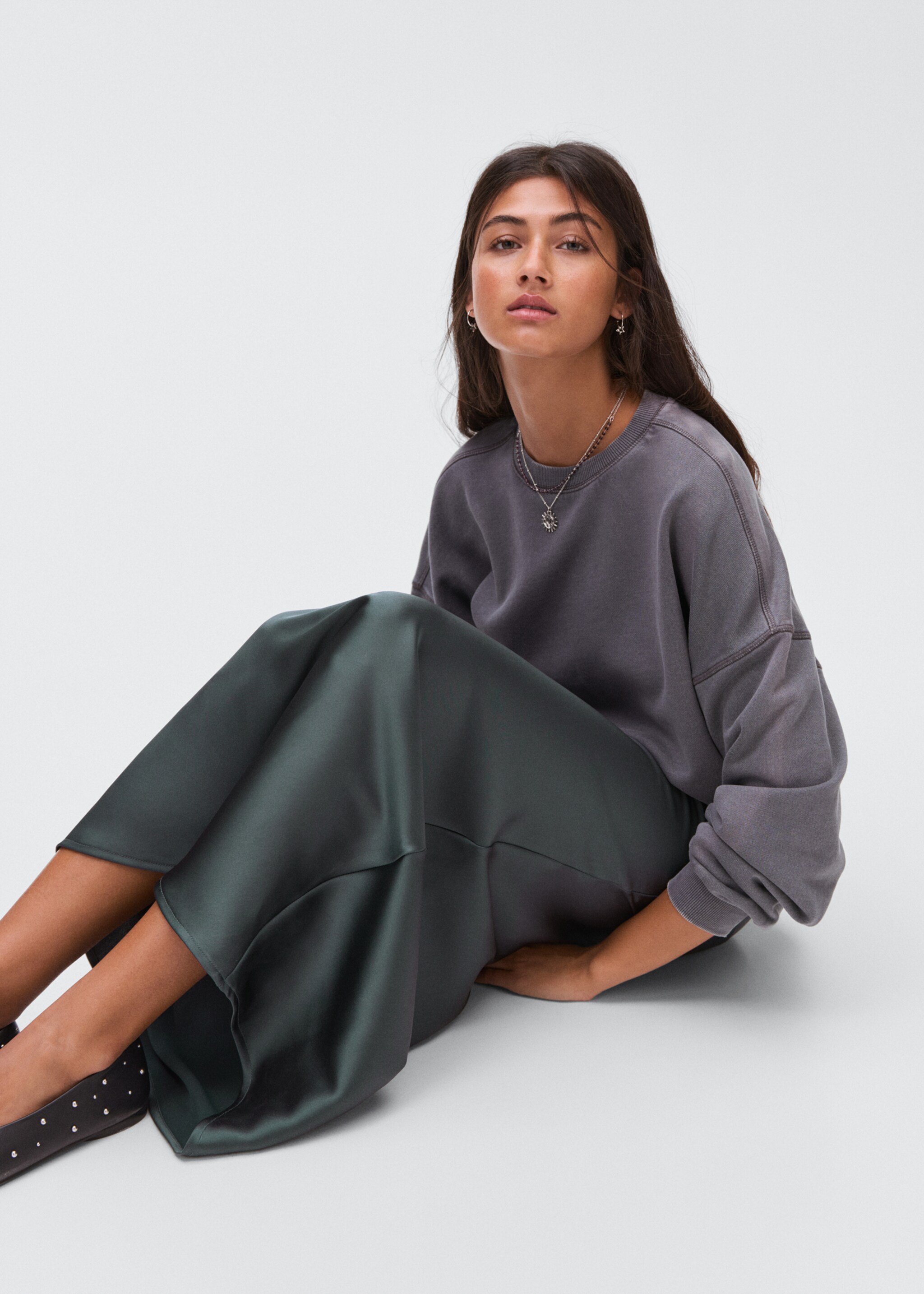 Satin long skirt - Details of the article 2, Petrol Blue. Ref: 17034778-00.