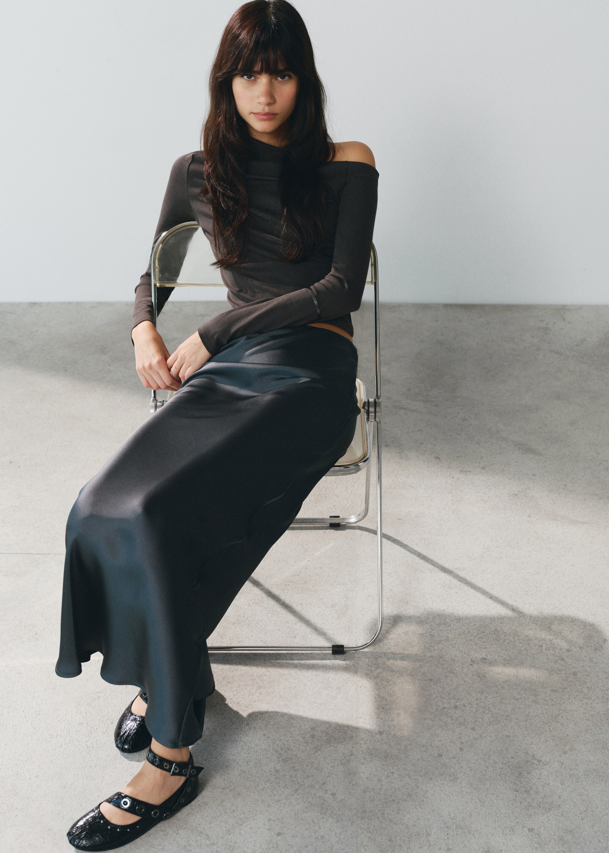 Satin long skirt - Details of the article 5, Petrol Blue. Ref: 17034778-00.