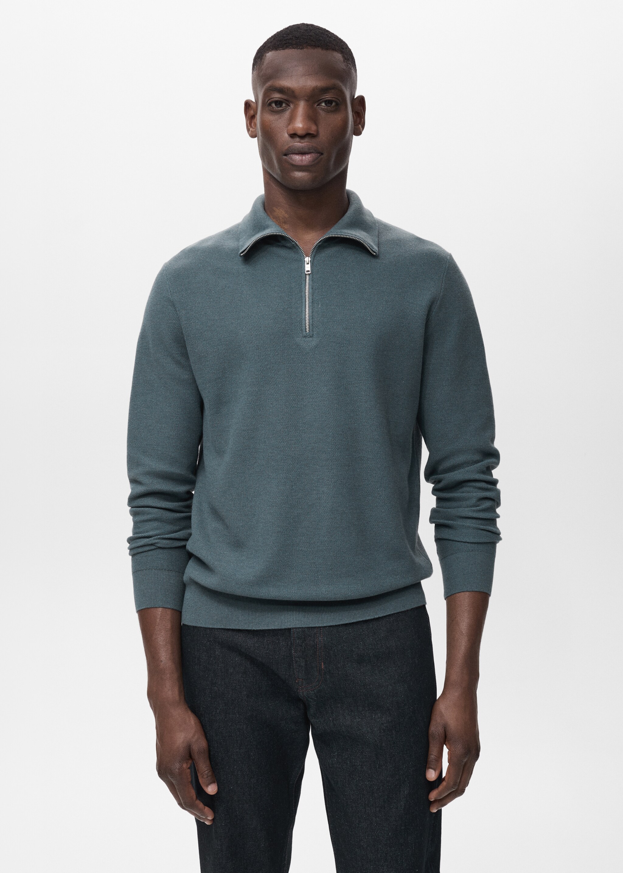 Microstructure sweater with zipper collar - Medium plane, Petrol Blue. Ref: 17035146-00.