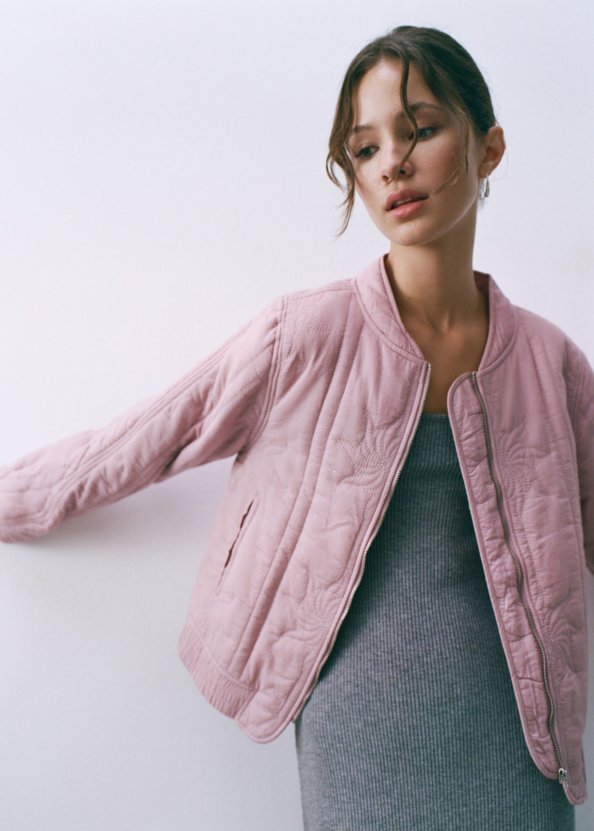 Embroidered quilted jacket - Details of the article 5, Pastel Pink. Ref: 17035163-00.