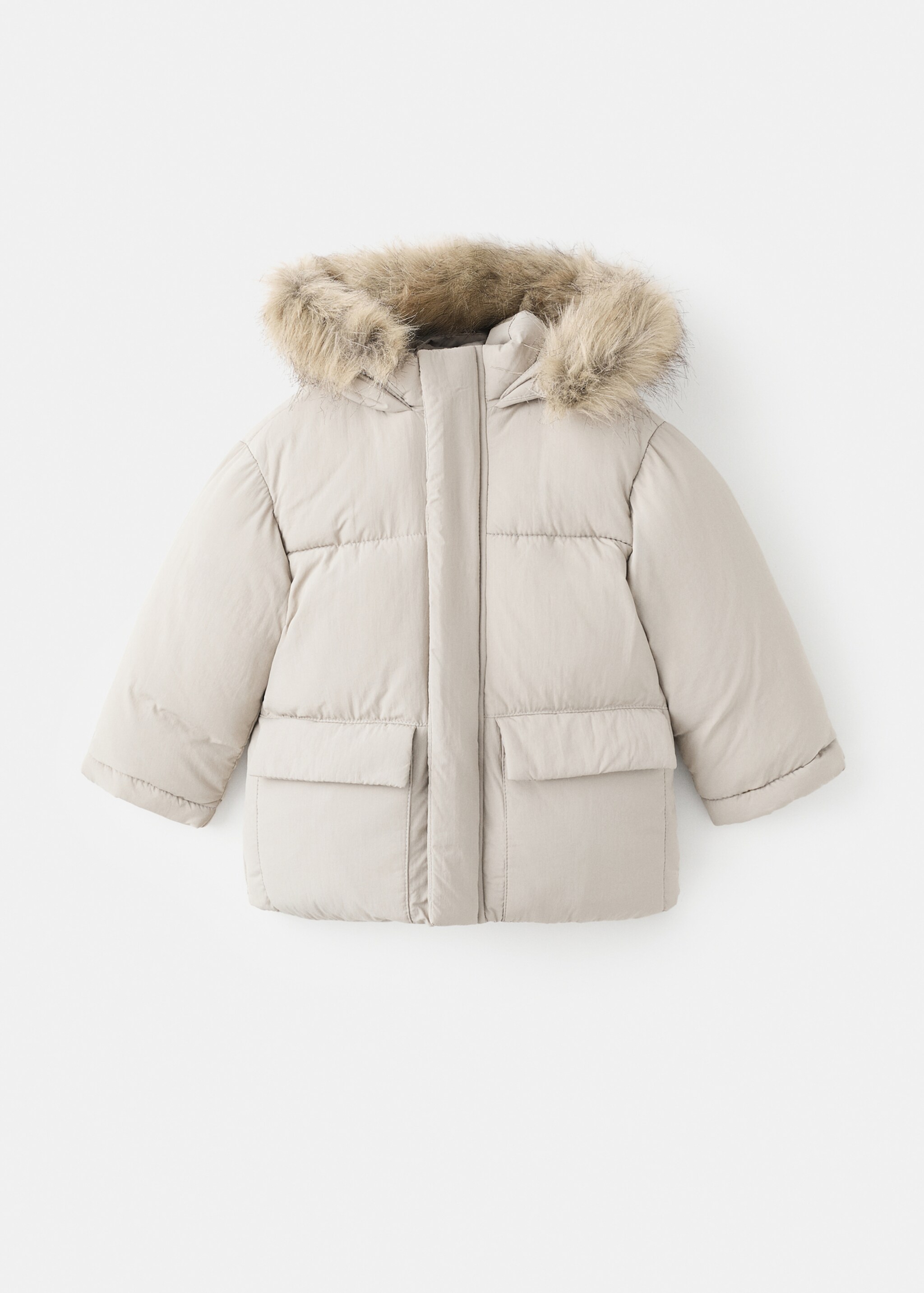 Quilted coat with fur-effect hood - Article without model, Sand. Ref: 17035788-00.