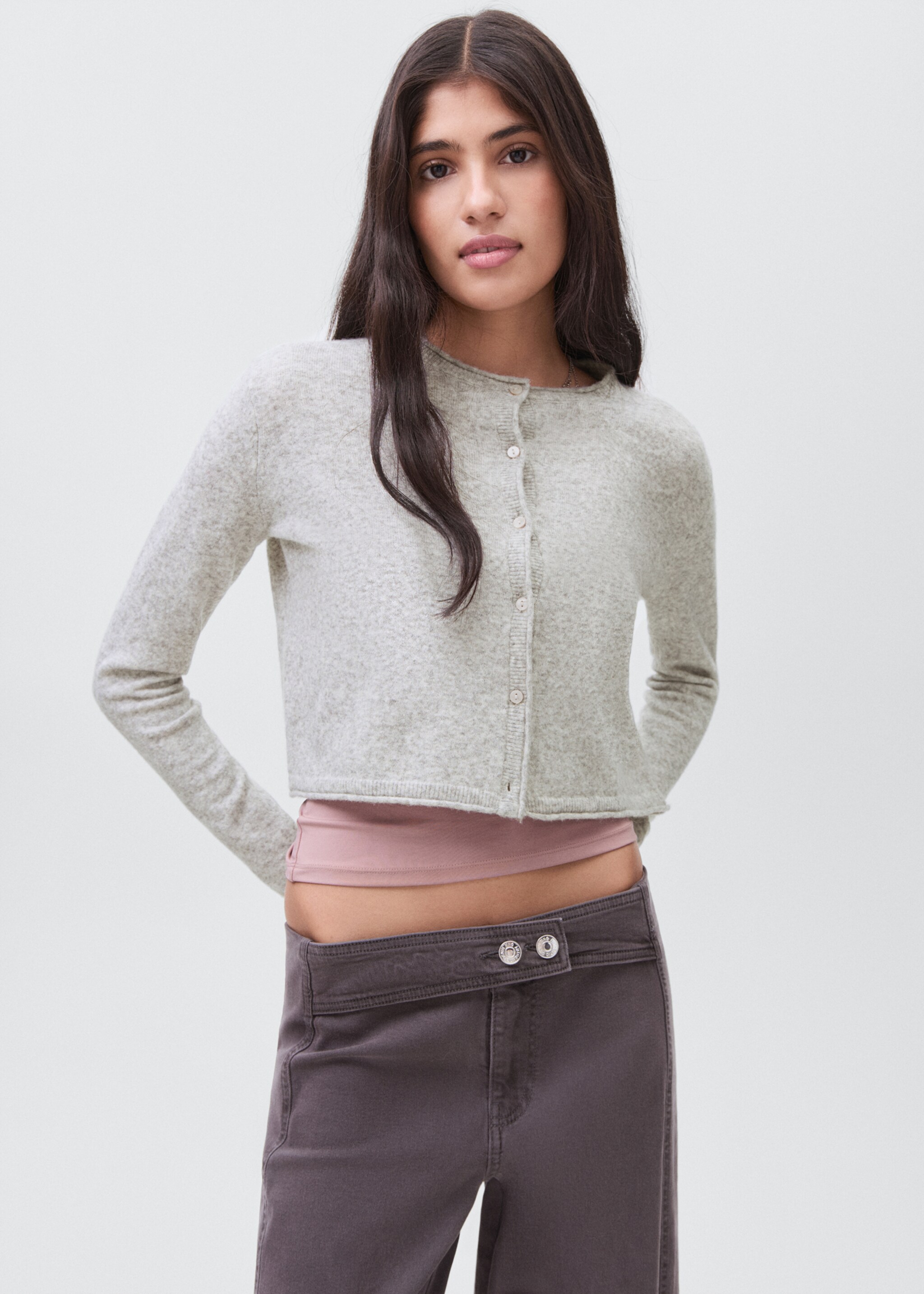 Cropped cardigan with buttons - Medium plane, Medium Heather Grey. Ref: 17035791-00.