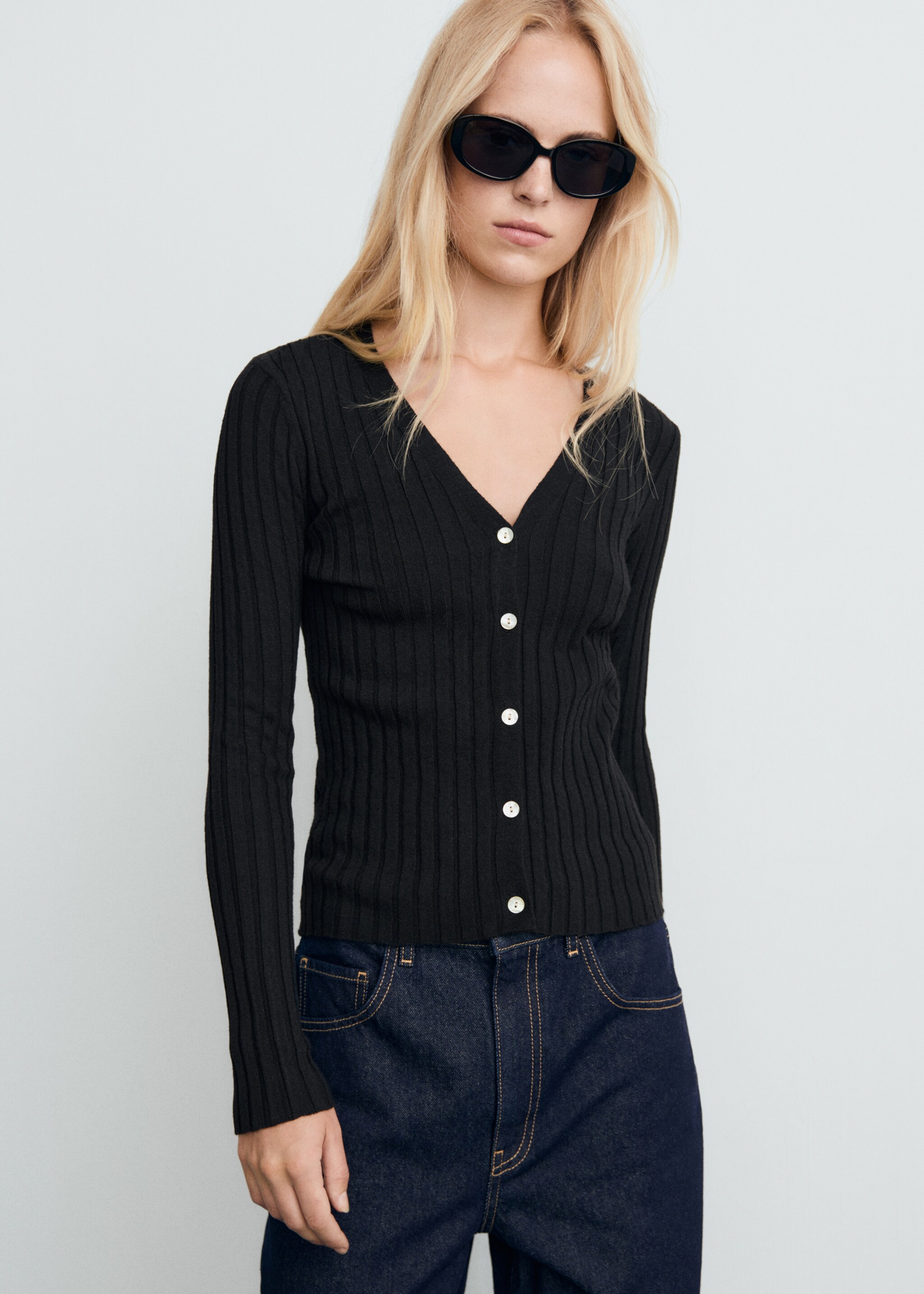 Cardigan maille fine côtelée - Plan moyen, Noir. Ref: 17035800-00.