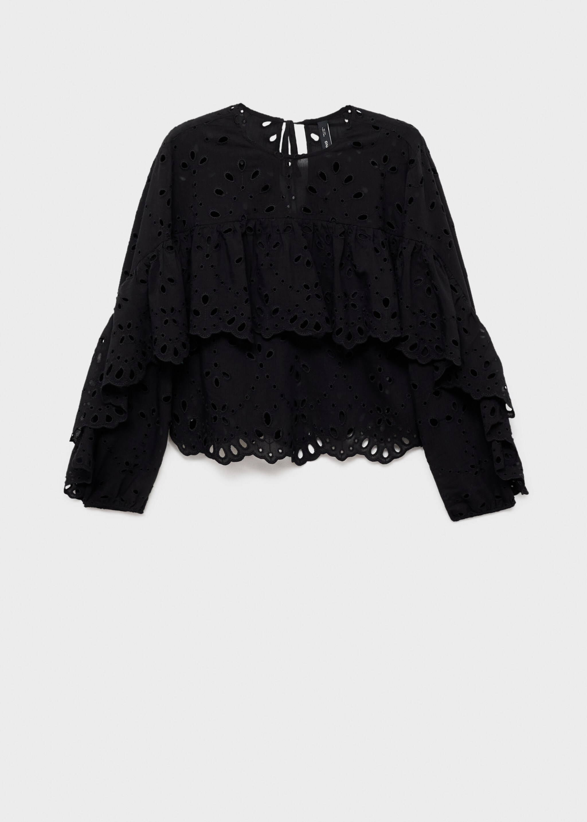 Blouse with perforated embroidery and ruffles - Artigo sem modelo, Preto. Ref: 17035822-00.
