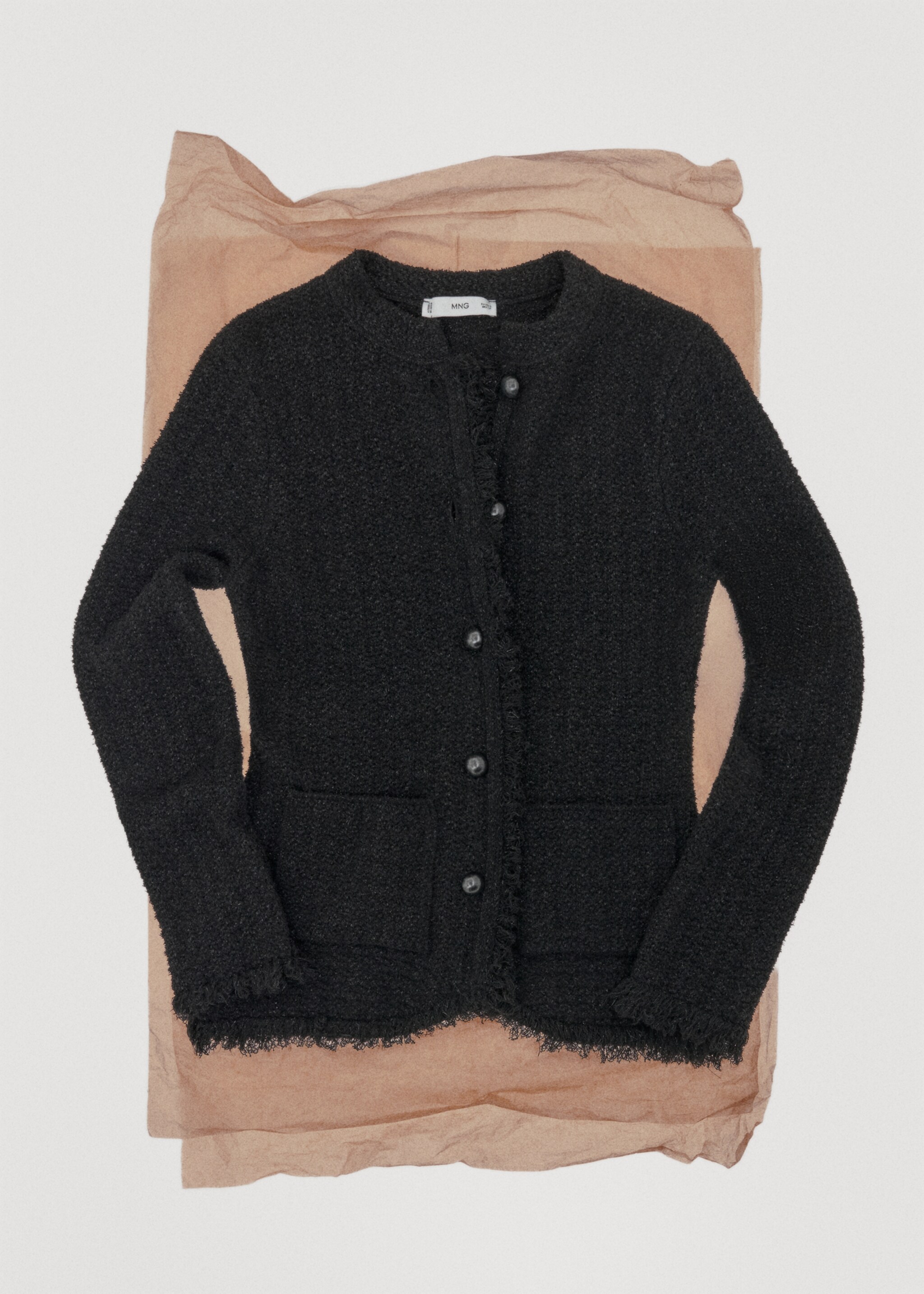 Tweed-Cardigan mit ausgefransten Abschlüssen - Detail des Artikels 7, Schwarz. Ref: 17035826-00.