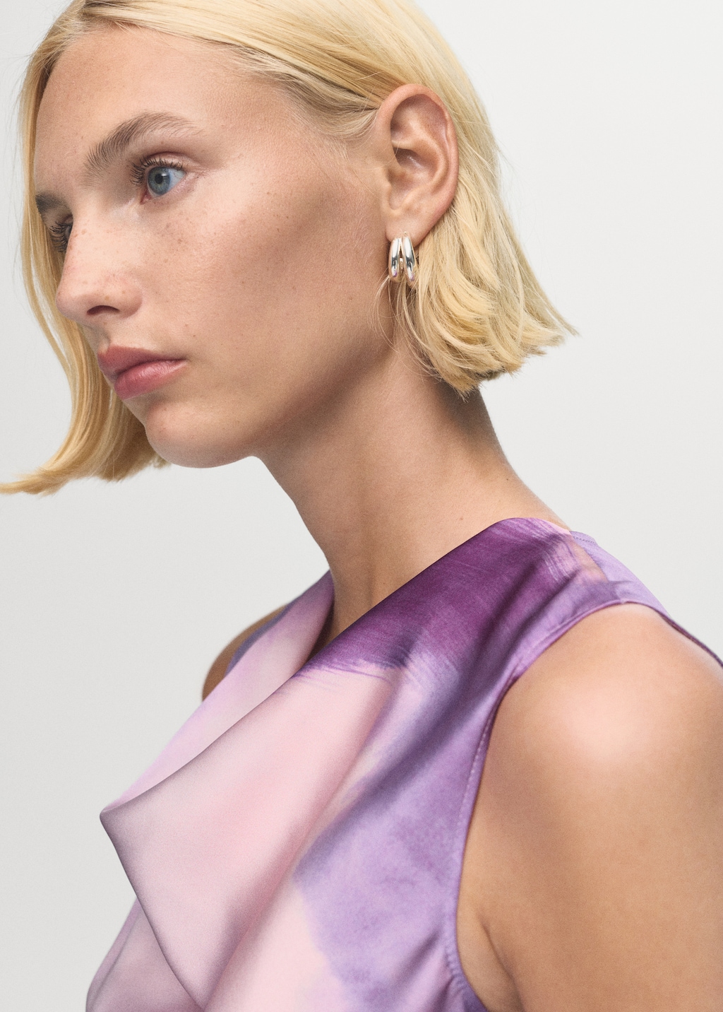 Satin tie-dye dress with draped neckline