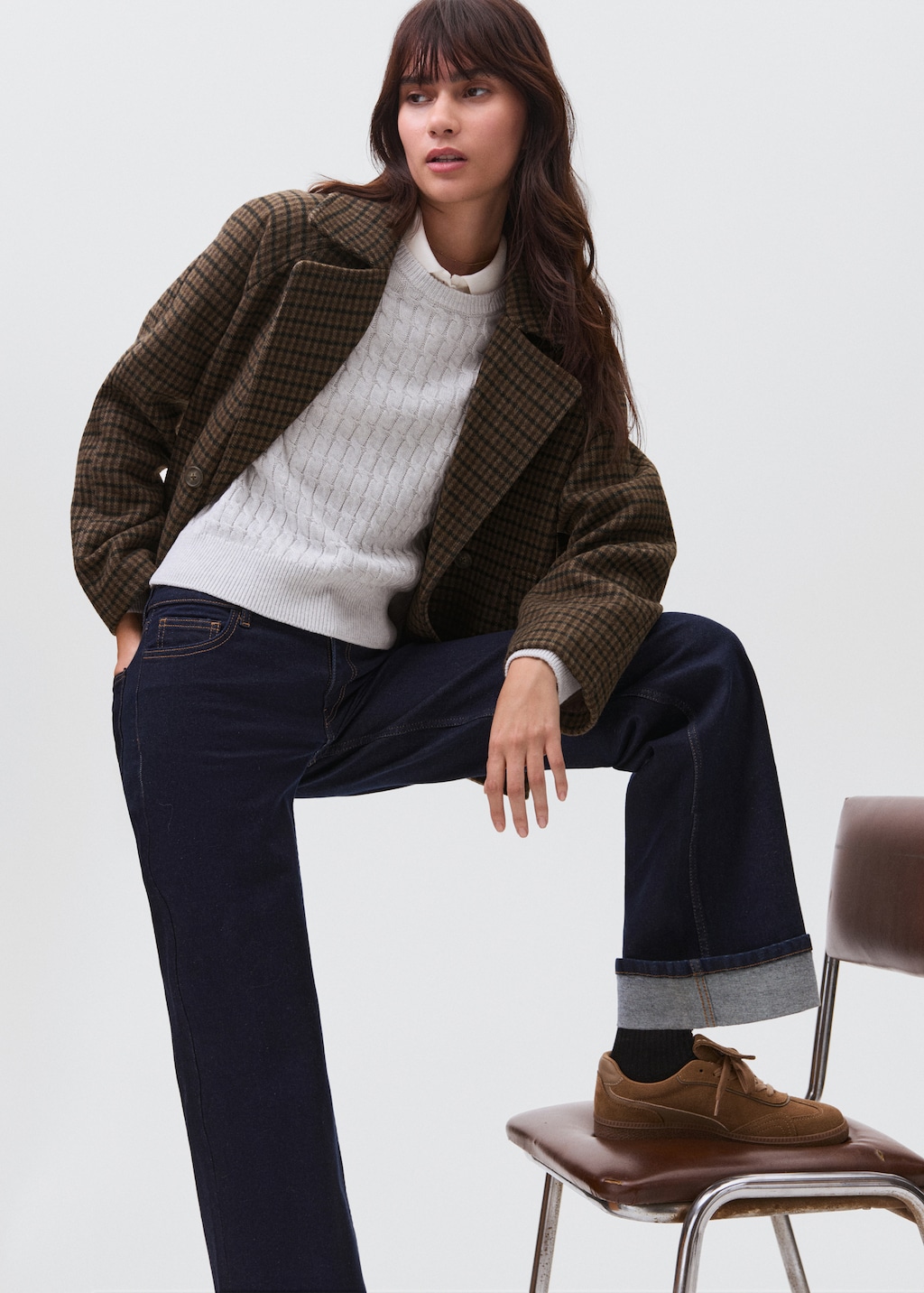 Checked wool-blend coat