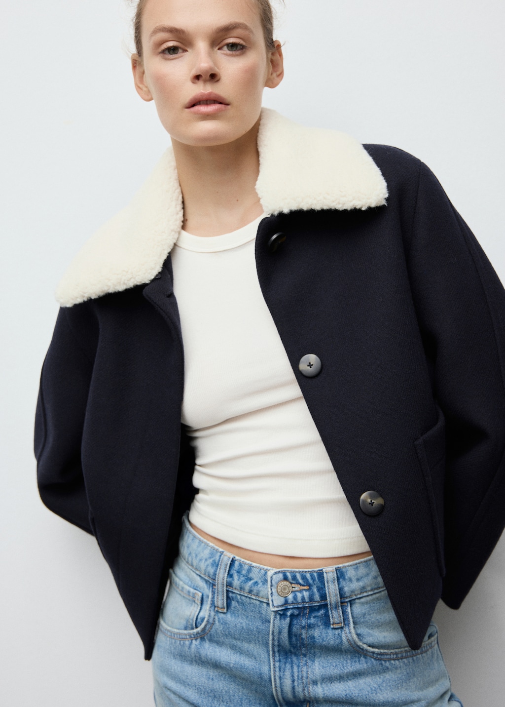 Wool-blend jacket with shearling-blend collar