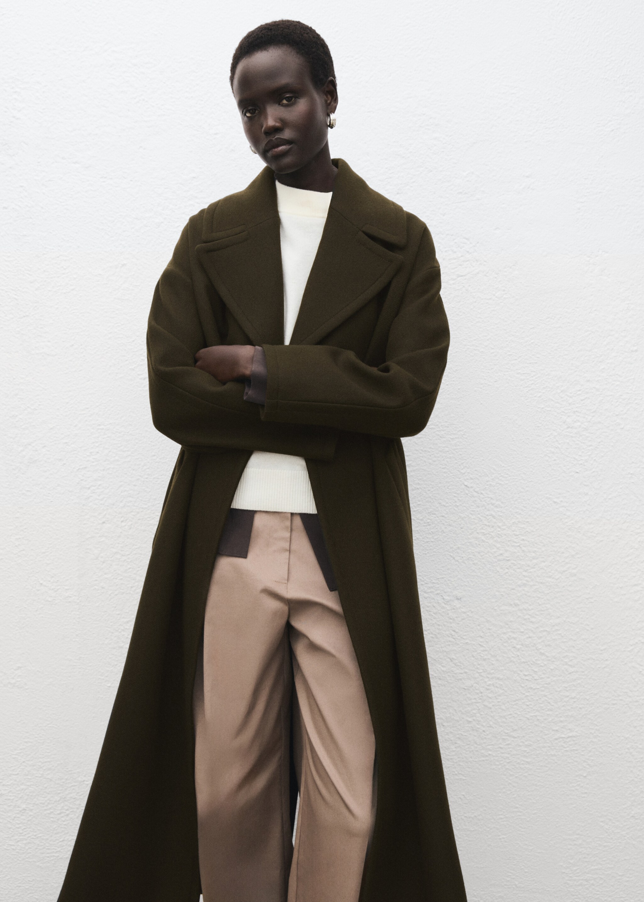 Virgin wool coat with belt - Medium plane, Khaki. Ref: 17036745-00.