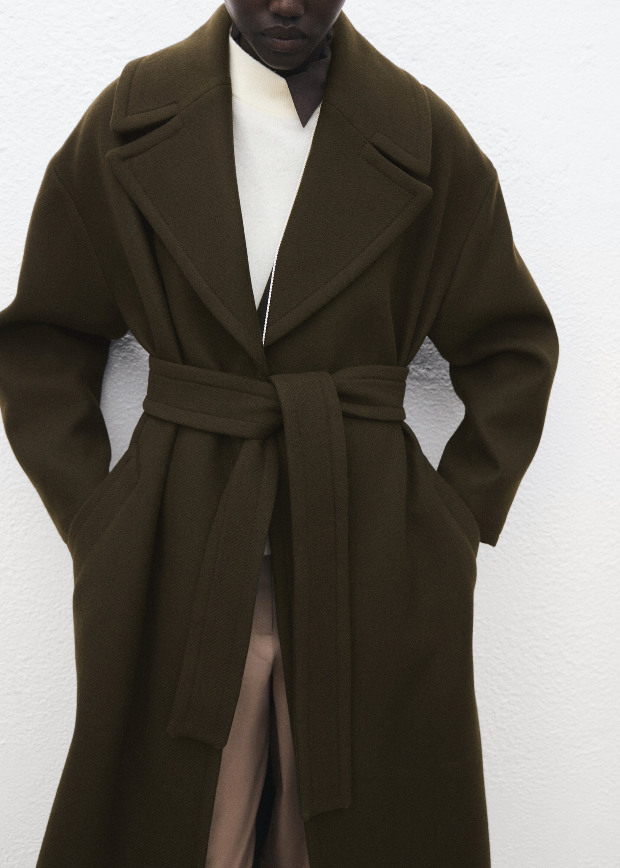 Virgin wool coat with belt - Details of the article 6, Khaki. Ref: 17036745-00.
