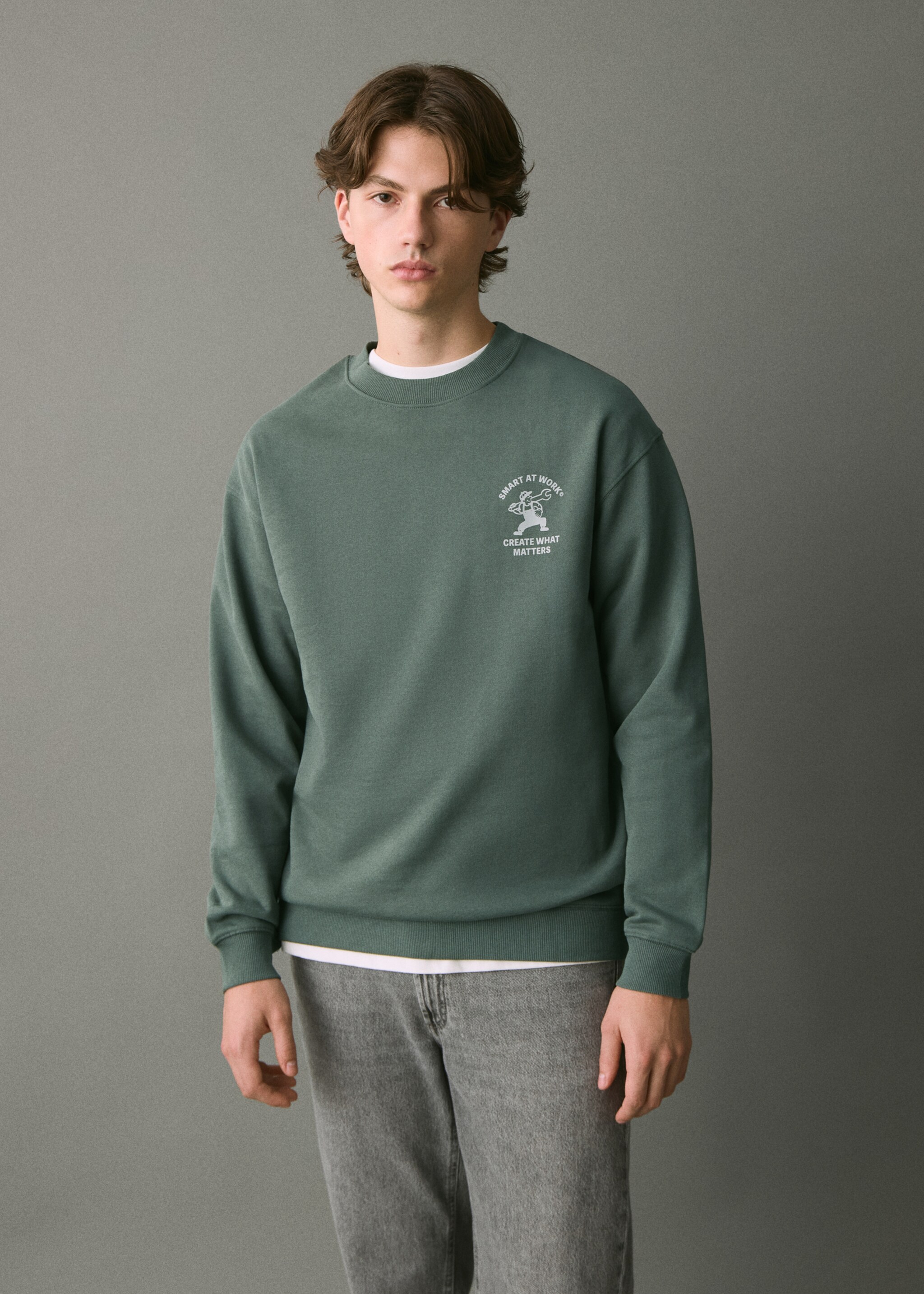 Printed cotton sweatshirt - Medium plane, Green. Ref: 17037776-00.