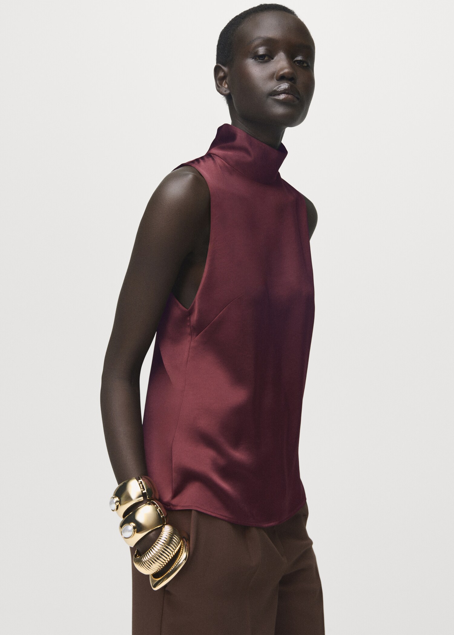 High collar satin blouse - Medium plane