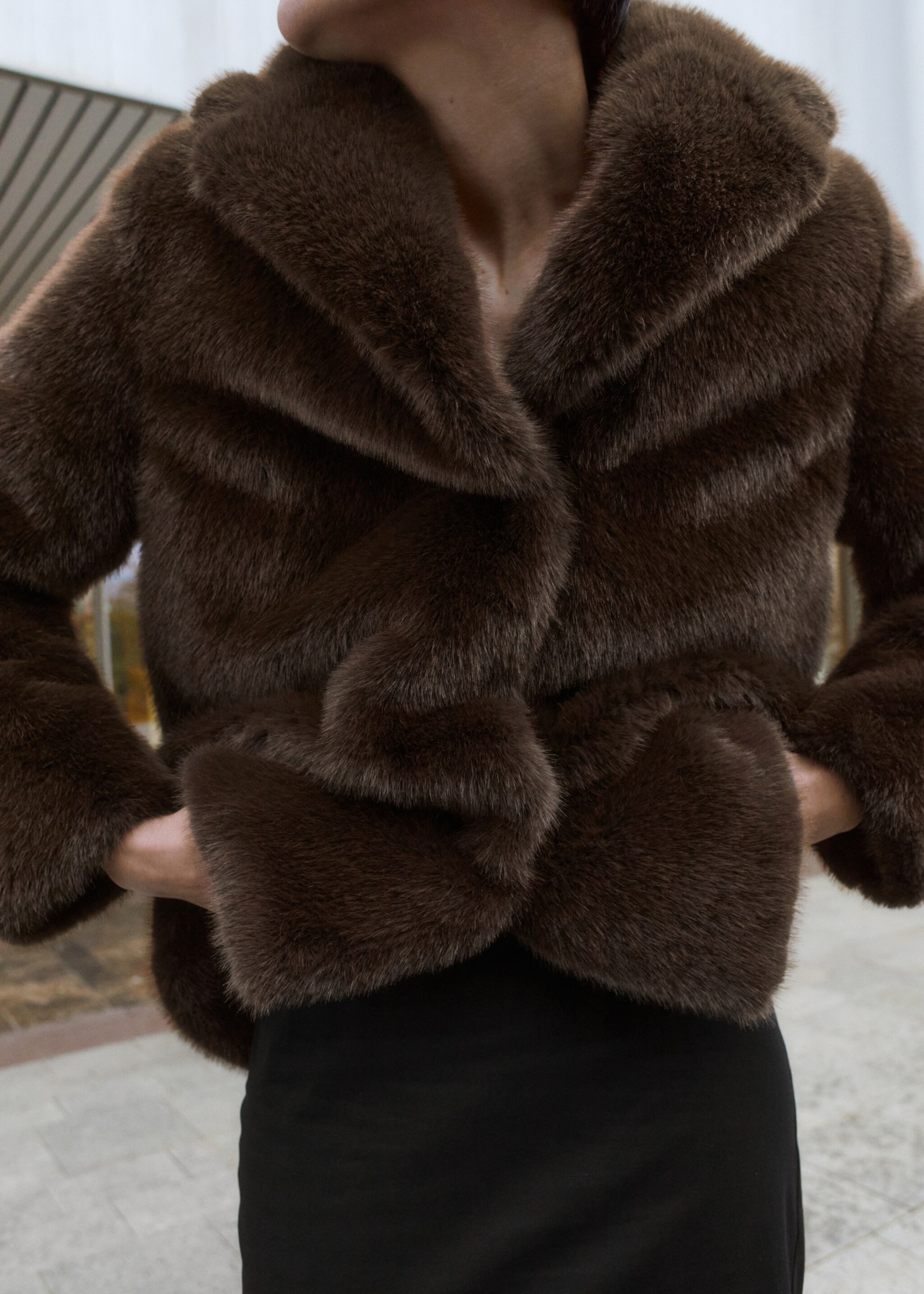 Faux-fur coat with lapels - Details of the article 6, Beige. Ref: 17038269-00.