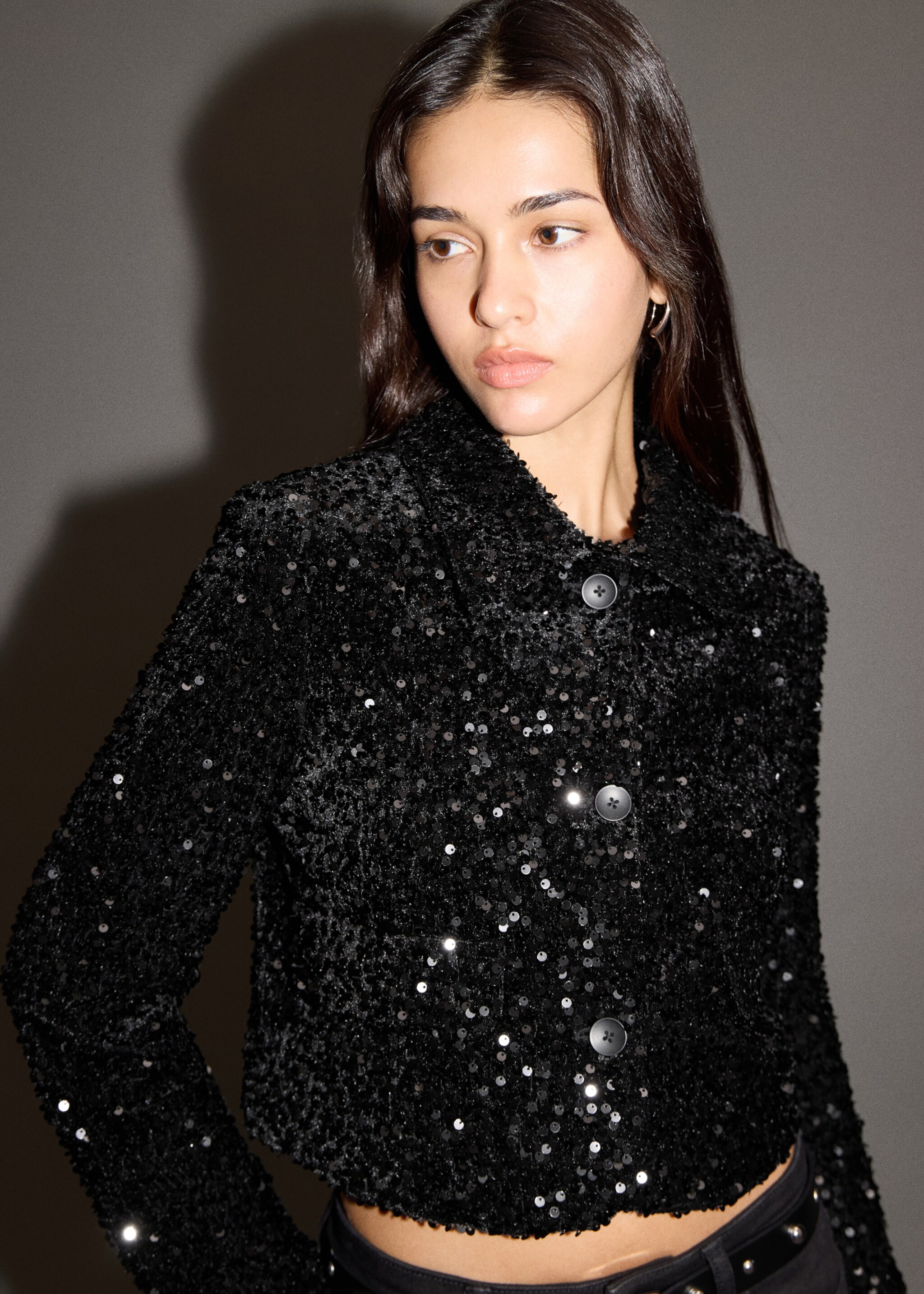 Sequin suit jacket - Details of the article 1, Black. Ref: 17038273-00.