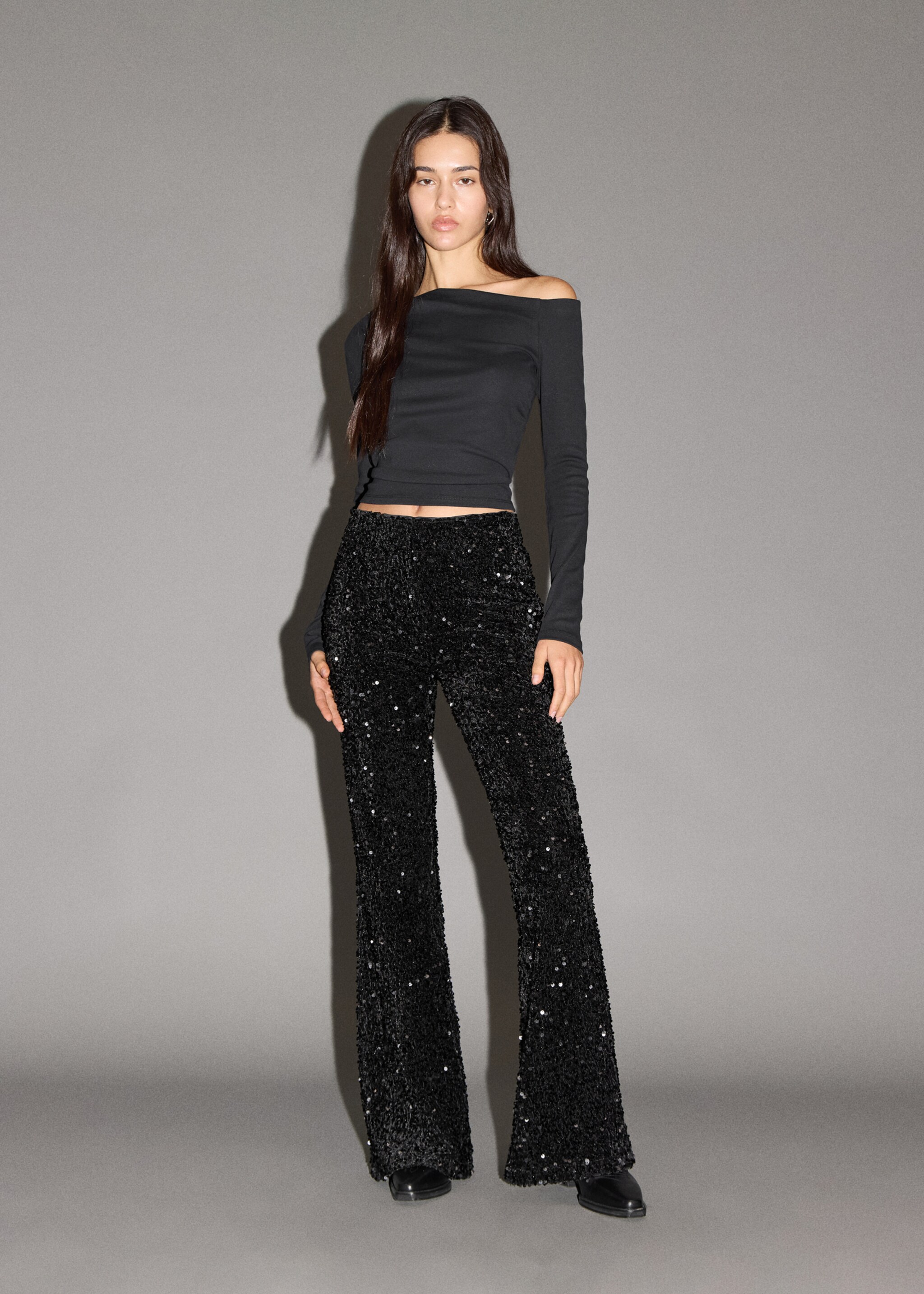 Pantalon flare sequins - Plan moyen, Noir. Ref: 17038274-00.