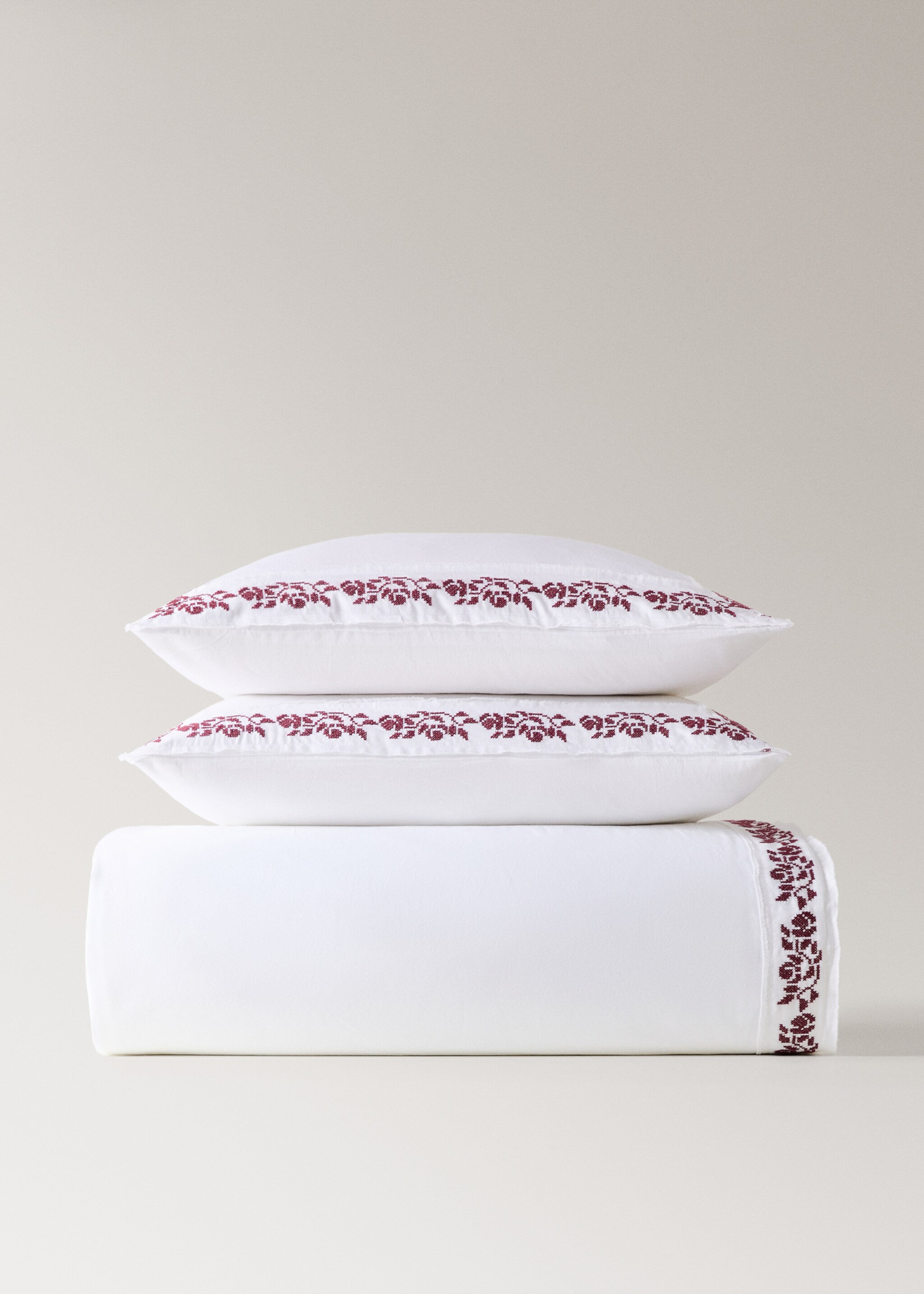 300-thread count satin cotton duvet cover with cross-stitch embroidery for 180/200cm bed - Article without model, Off White. Ref: 17038290-00.