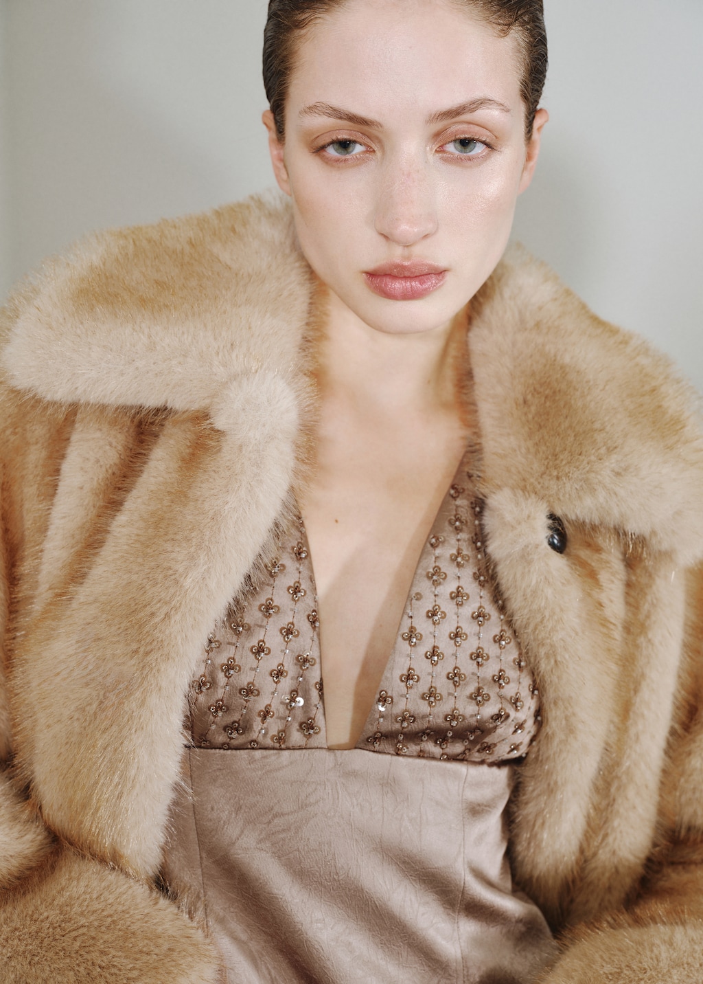 Satin dress with sequin neckline