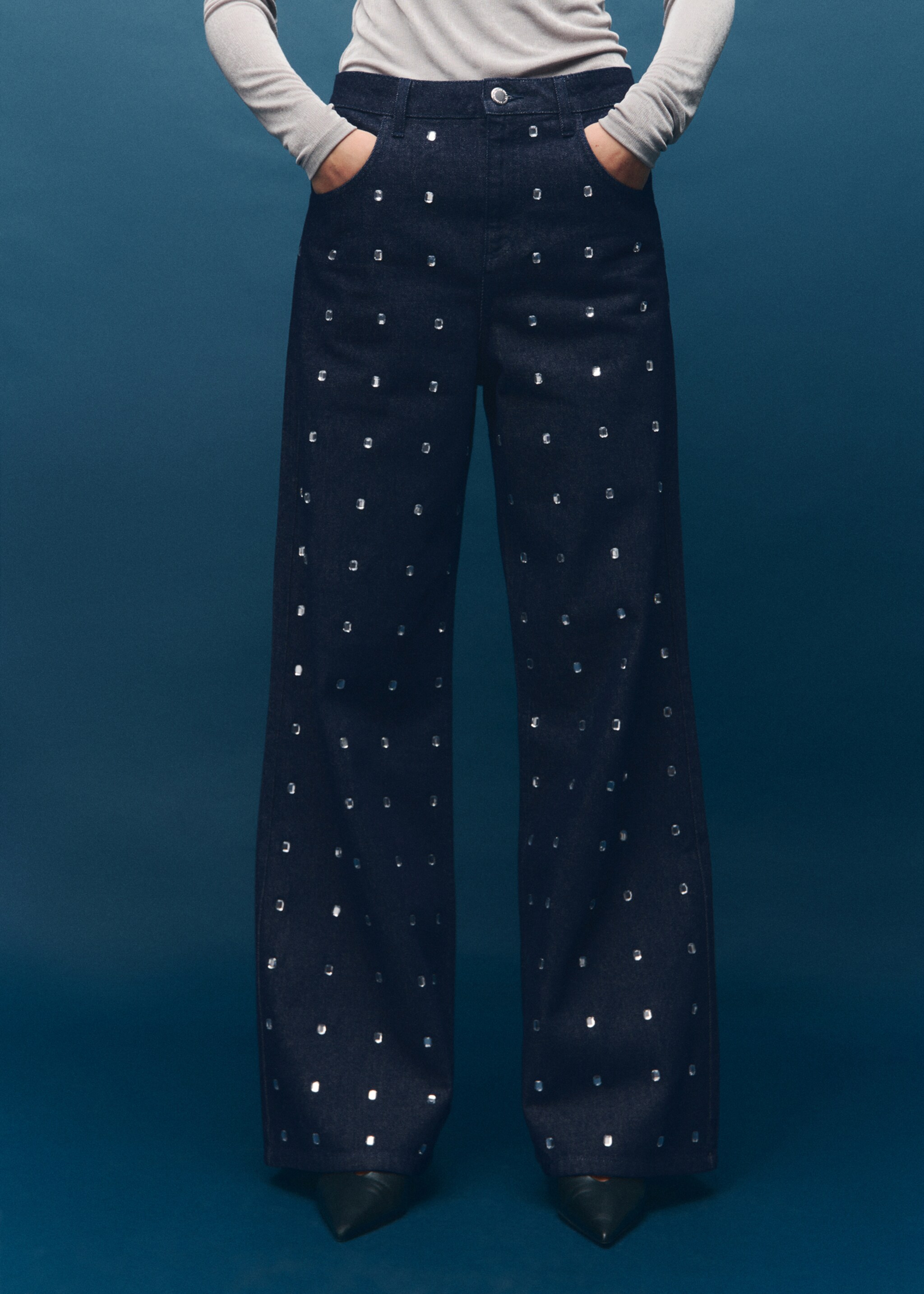 Wide-leg jeans with crystals - Medium plane, Open Blue. Ref: 17039113-00.