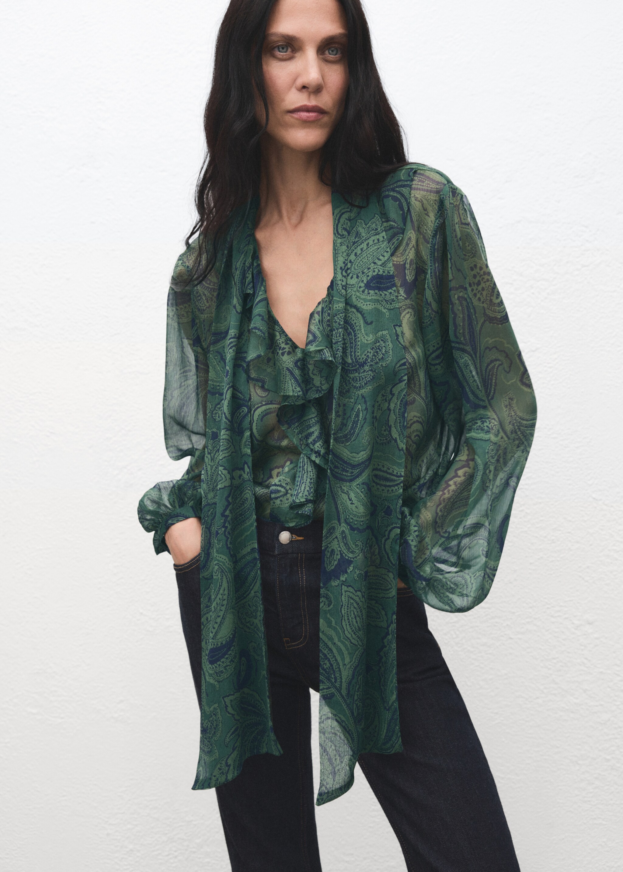 Paisley-print blouse with foulard - Medium plane, Green. Ref: 17039120-00.