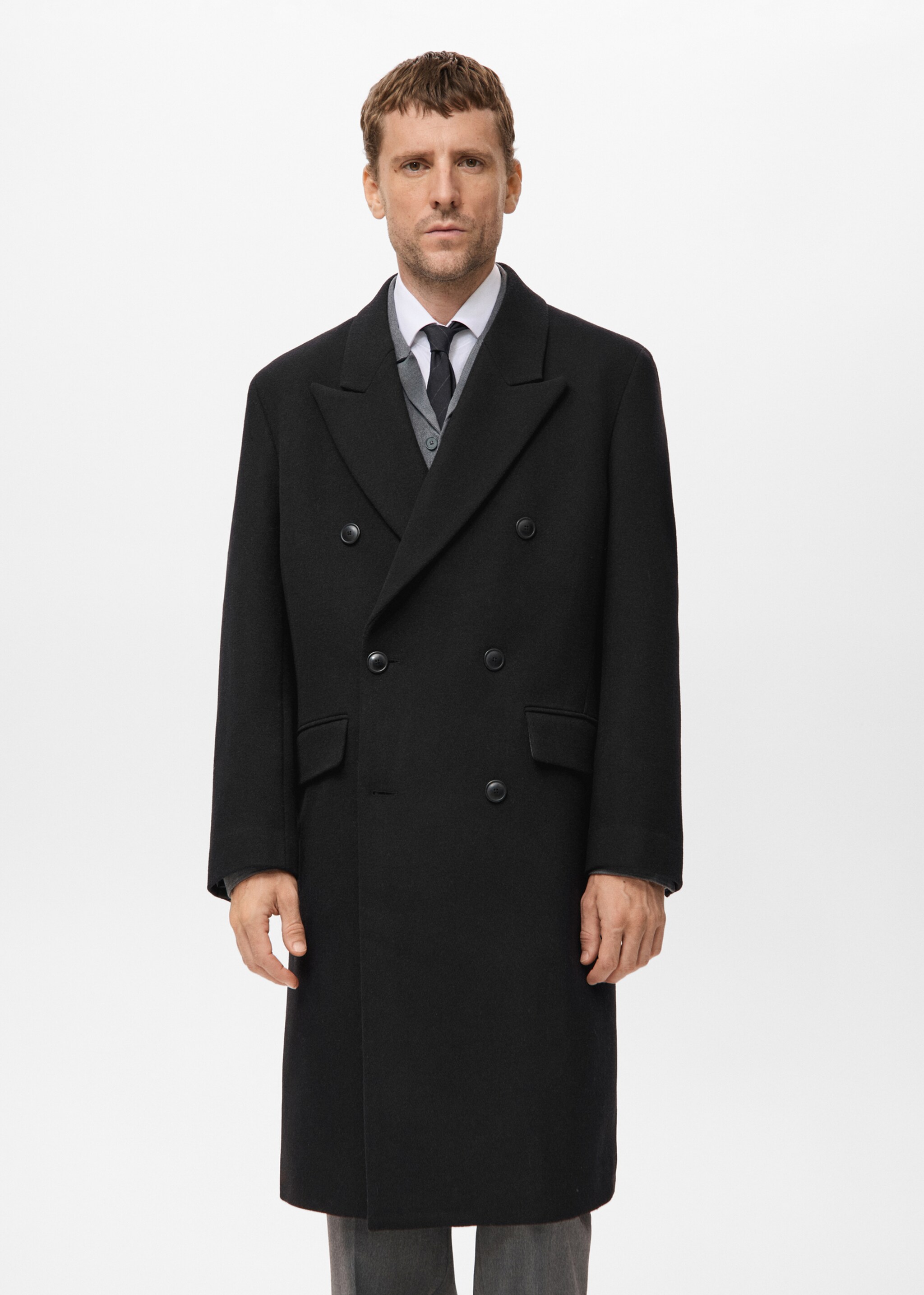 Long double-breasted wool coat - Medium plane, Black. Ref: 17039207-00.