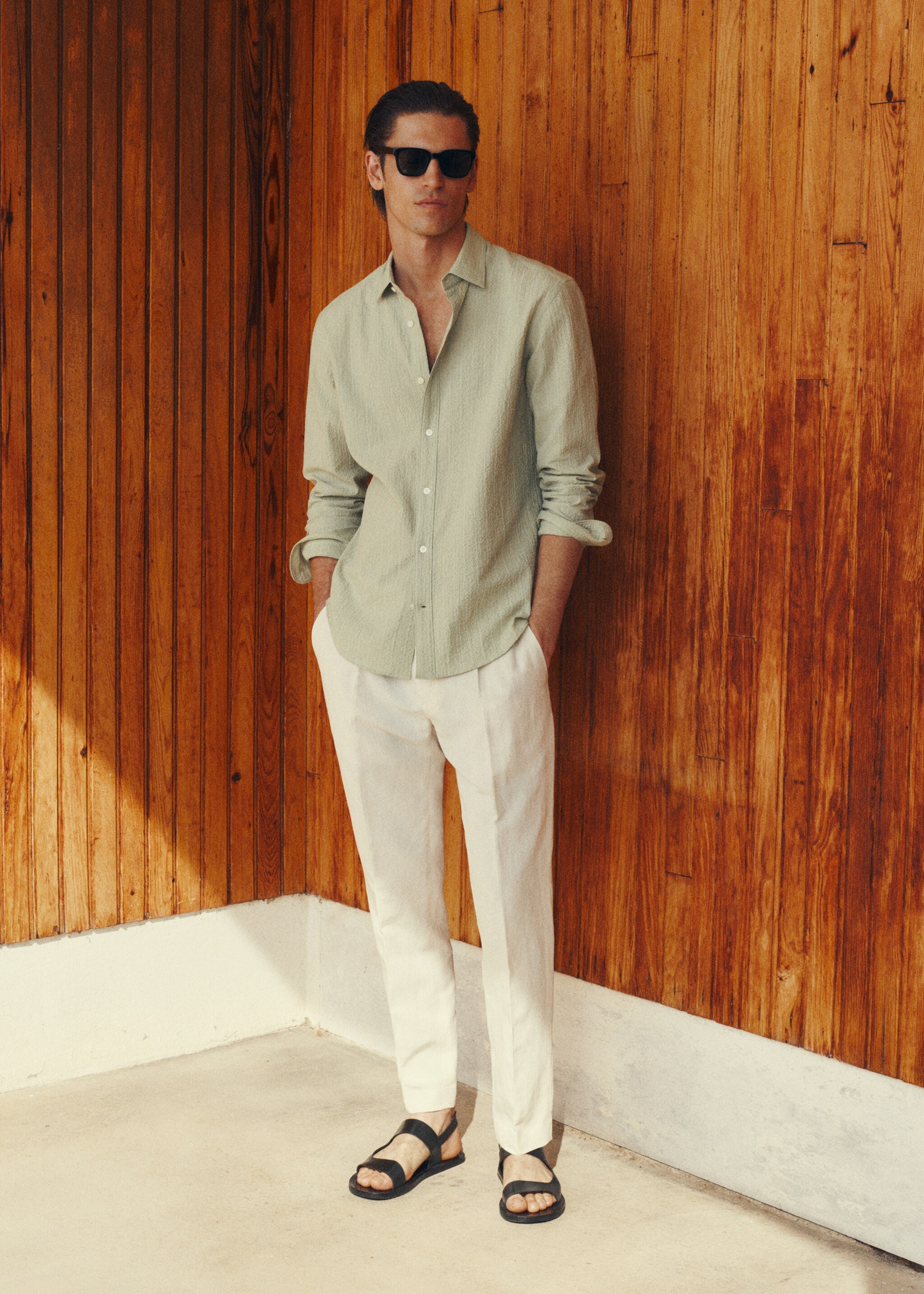Regular-fit stripe-textured shirt - Details of the article 3, Pastel Green. Ref: 17041148-00.