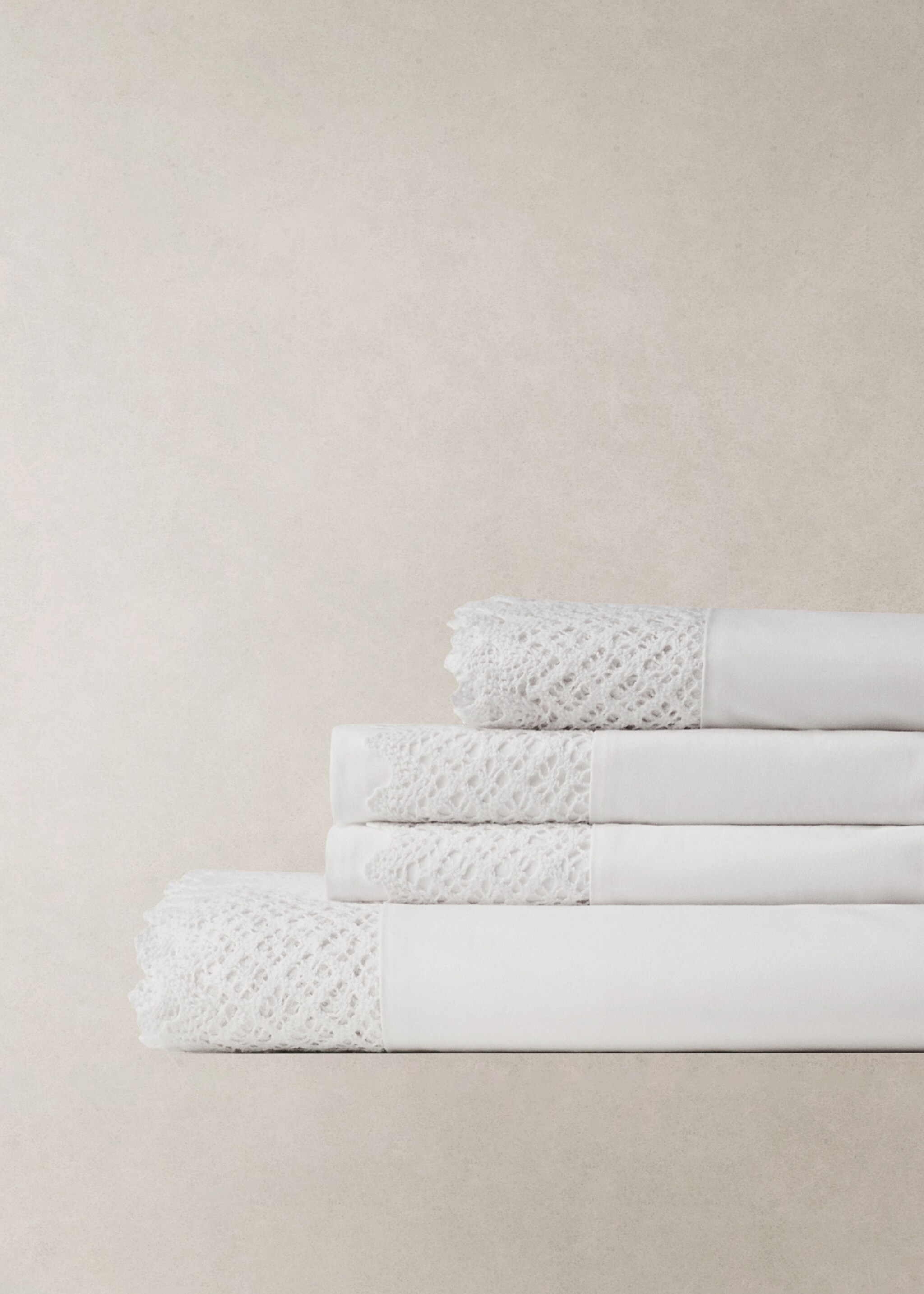 Percale cotton lace flat sheet Superking bed - Details of the article 7, White. Ref: 17041278-00.