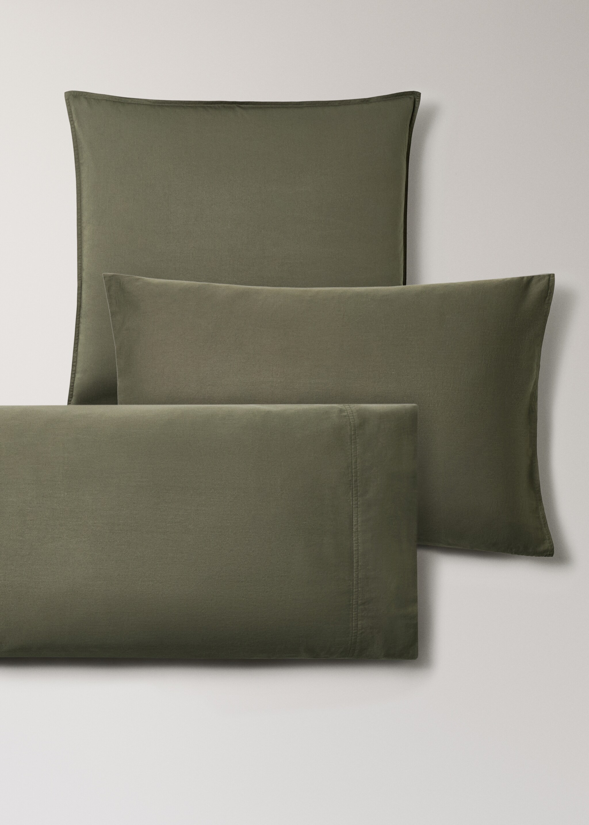 Two washed satin cotton pillowcases with double stitching 50x75 cm - Details of the article 4, Olive Green. Ref: 17041535-00.