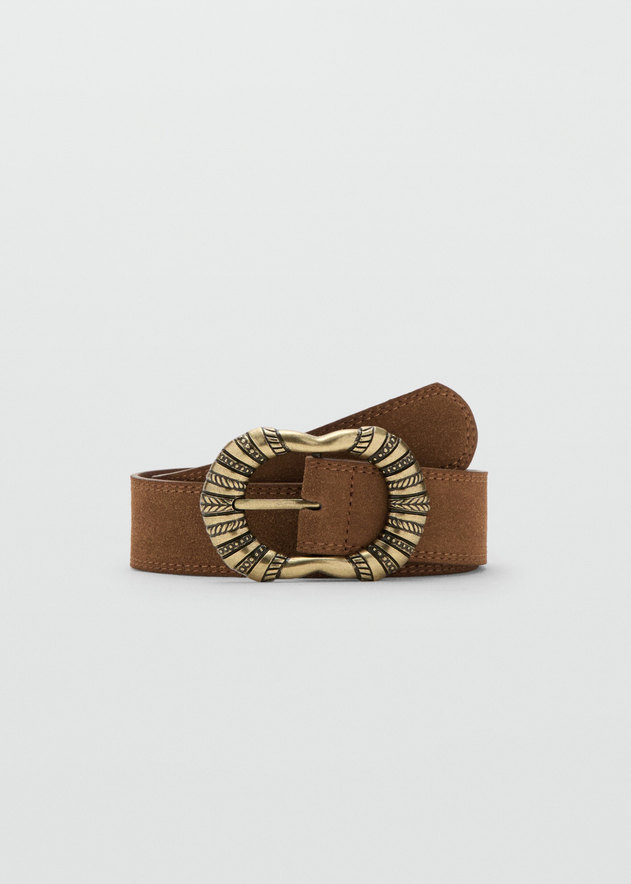Ceinture cuir suédé boucle gravée - Article sans modèle, Marron. Ref: 17044095-00.