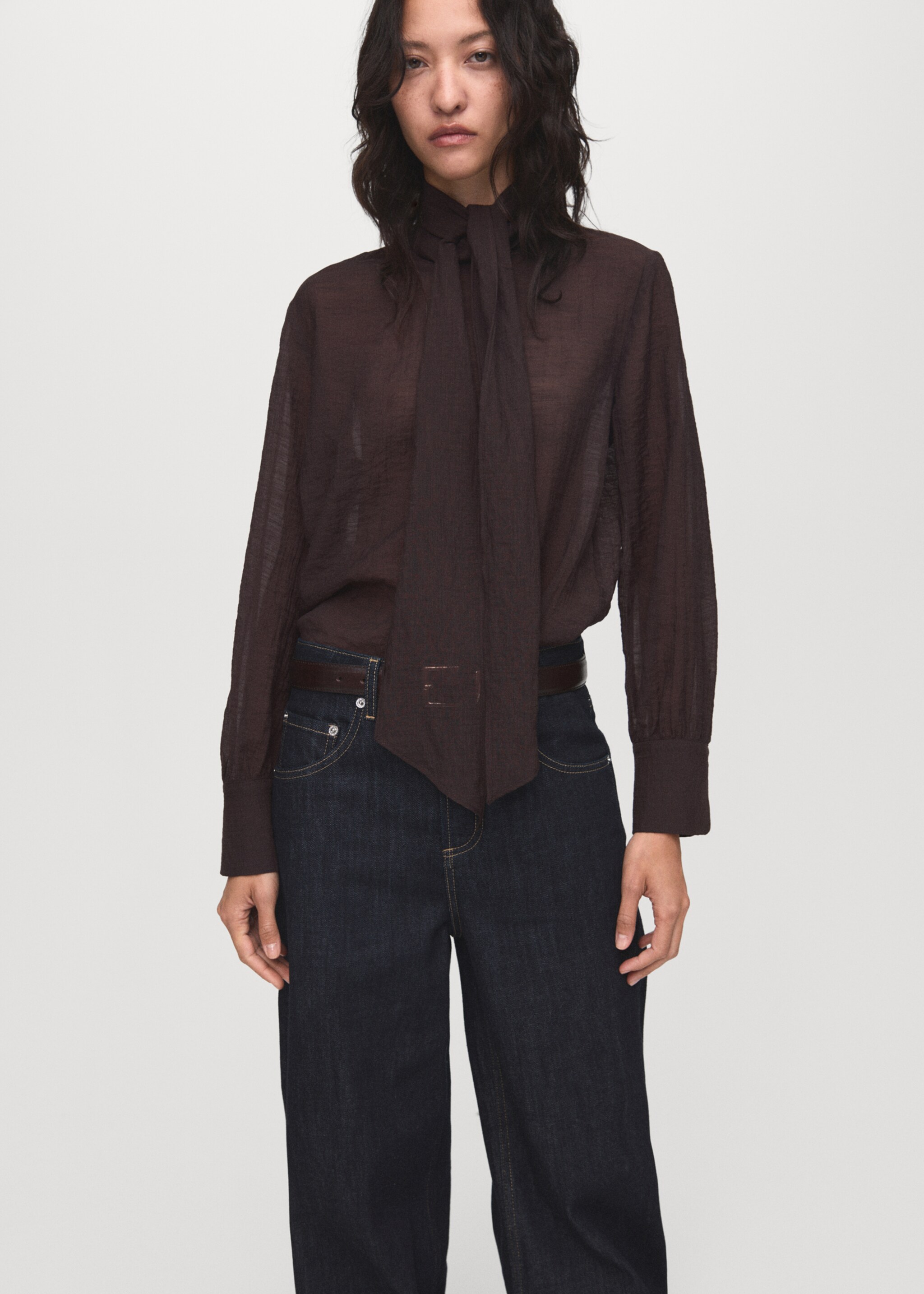 Textured blouse with foulard - Medium plane, Chocolate. Ref: 17044138-00.