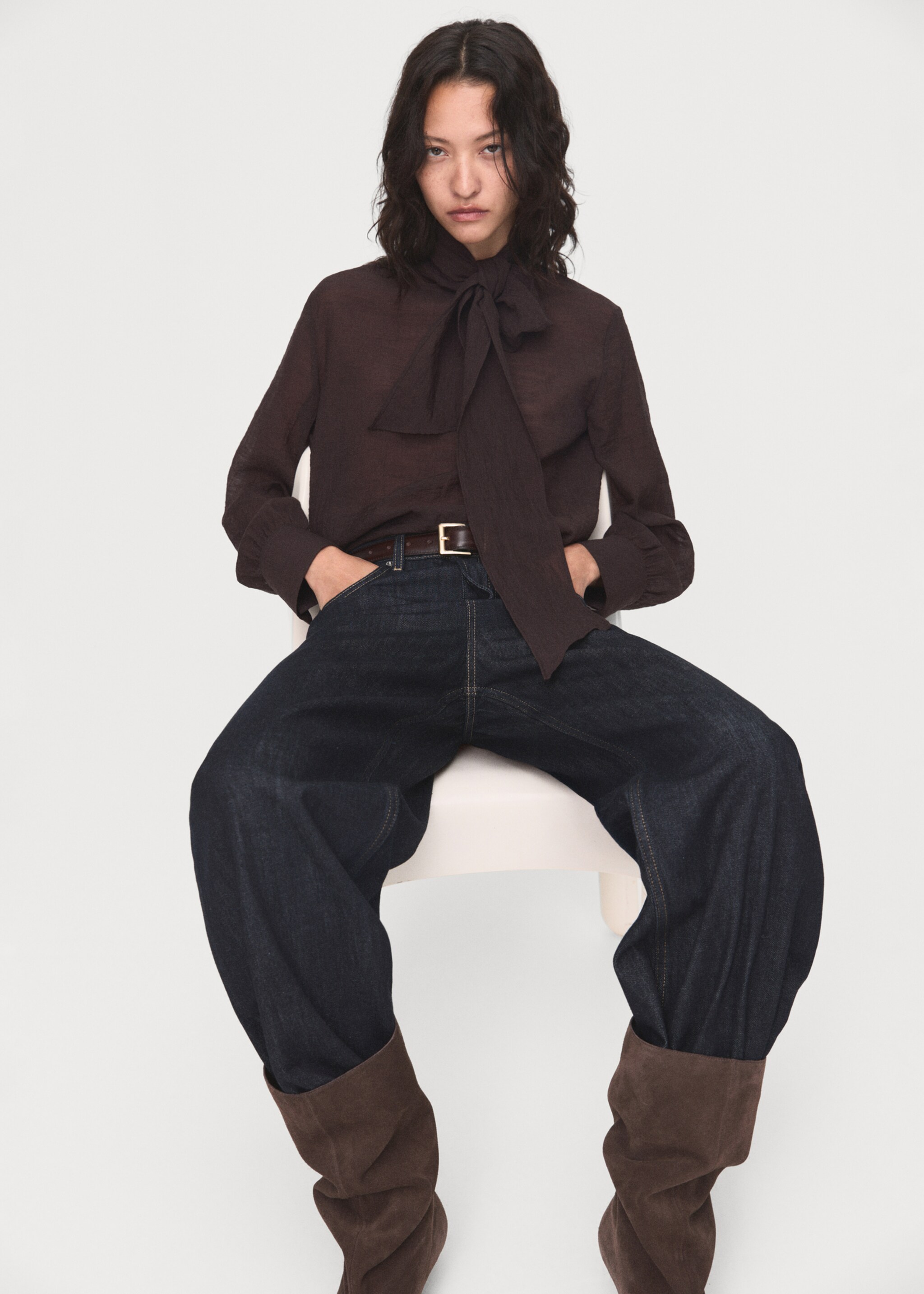 Textured blouse with foulard - Details of the article 2, Chocolate. Ref: 17044138-00.