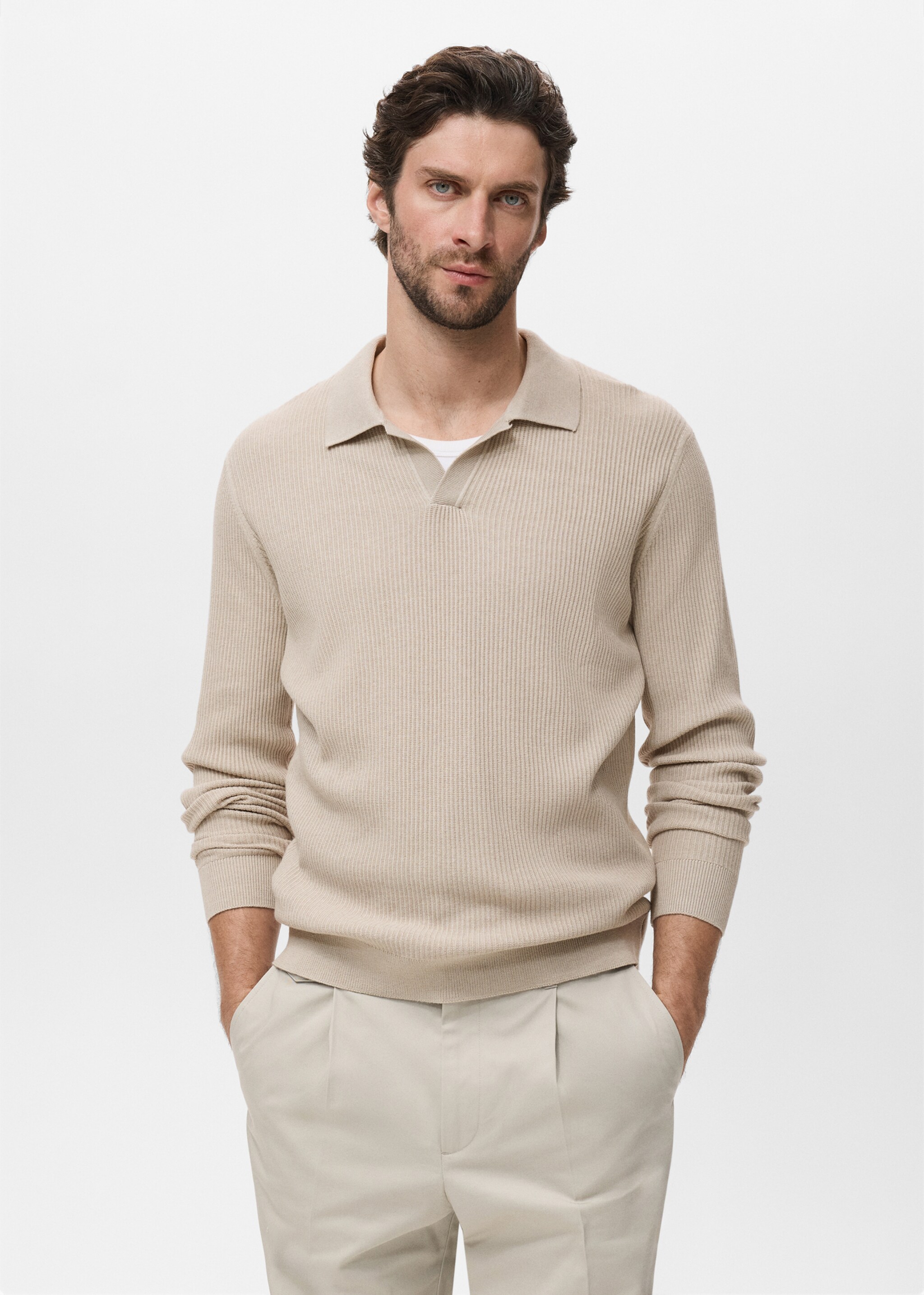 Cotton-blend ribbed polo sweater - Medium plane