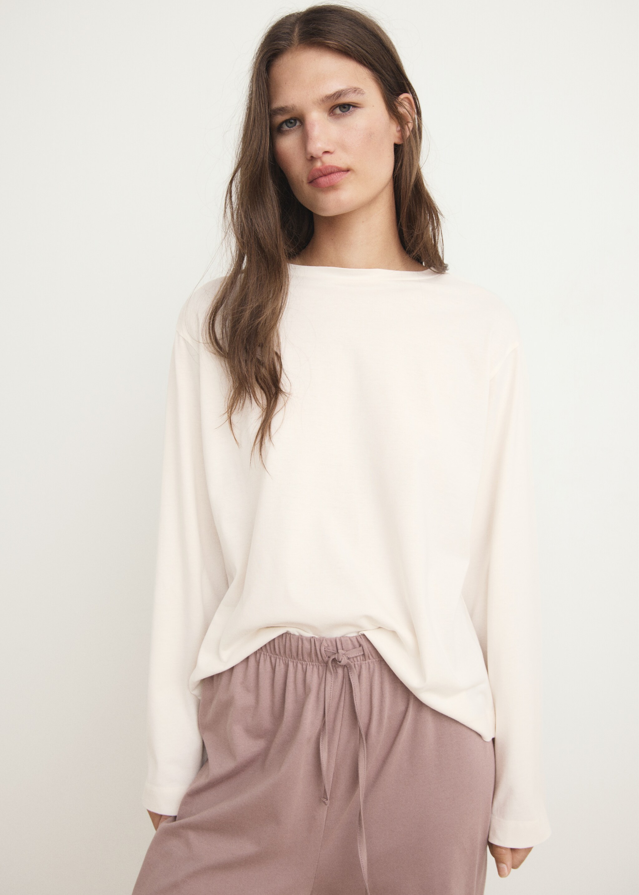 Long-sleeved pyjama t-shirt - Medium plane, Vanilla. Ref: 17044445-00.