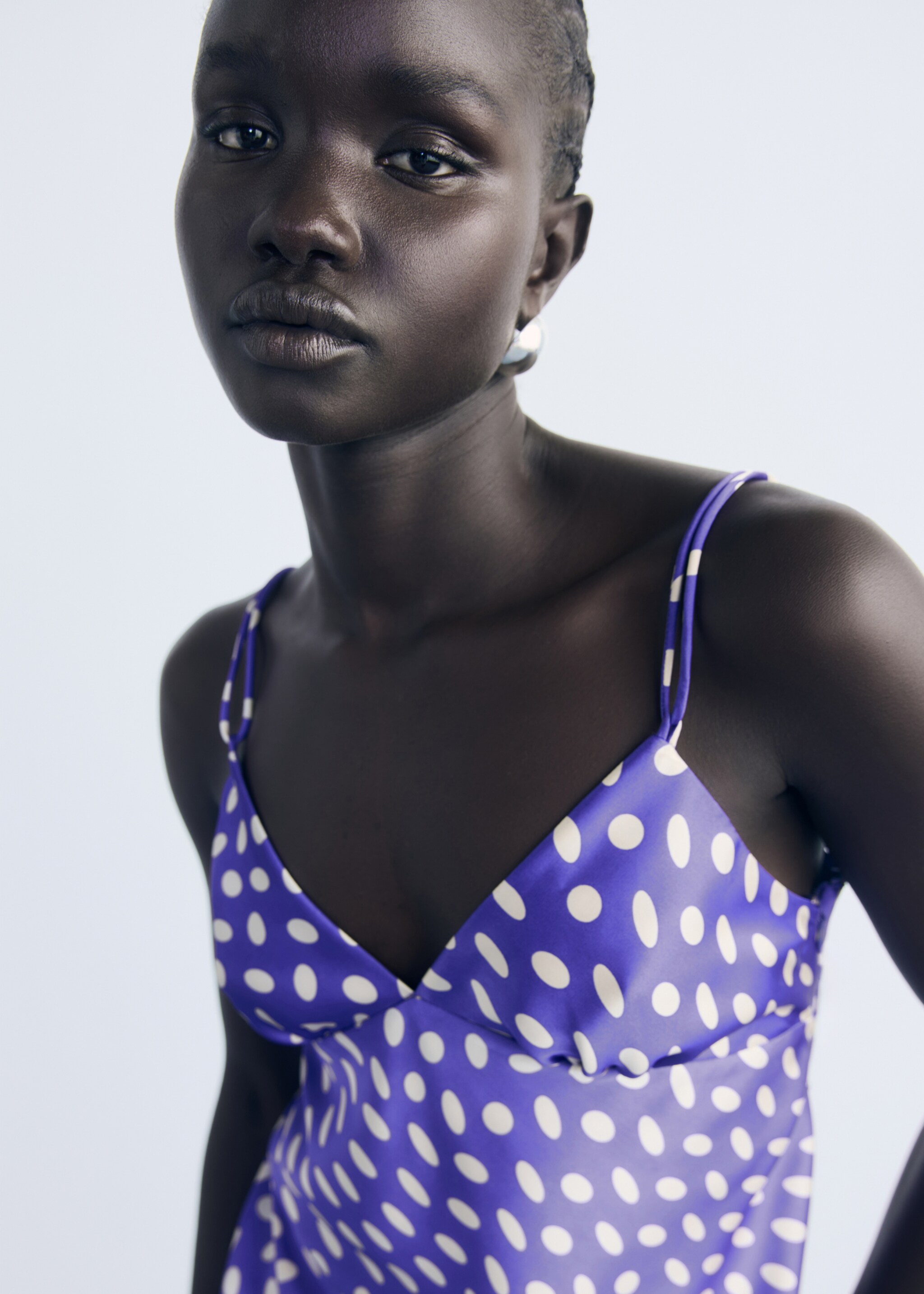 Polka-dot satin-finish dress - Details of the article 1, Blue. Ref: 17044448-00.