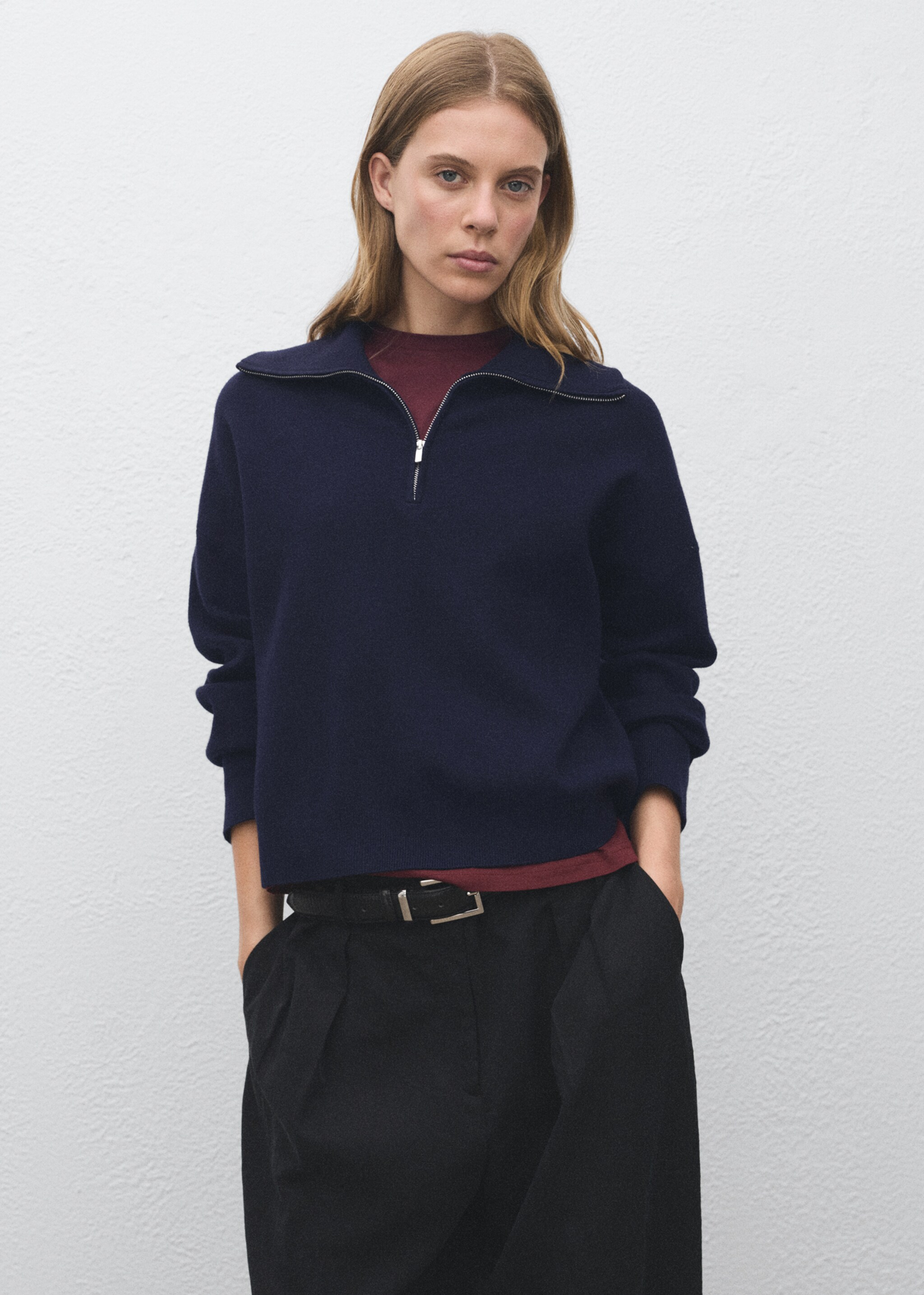 Knitted sweater with zip collar - Medium plane, Navy. Ref: 17044783-00.
