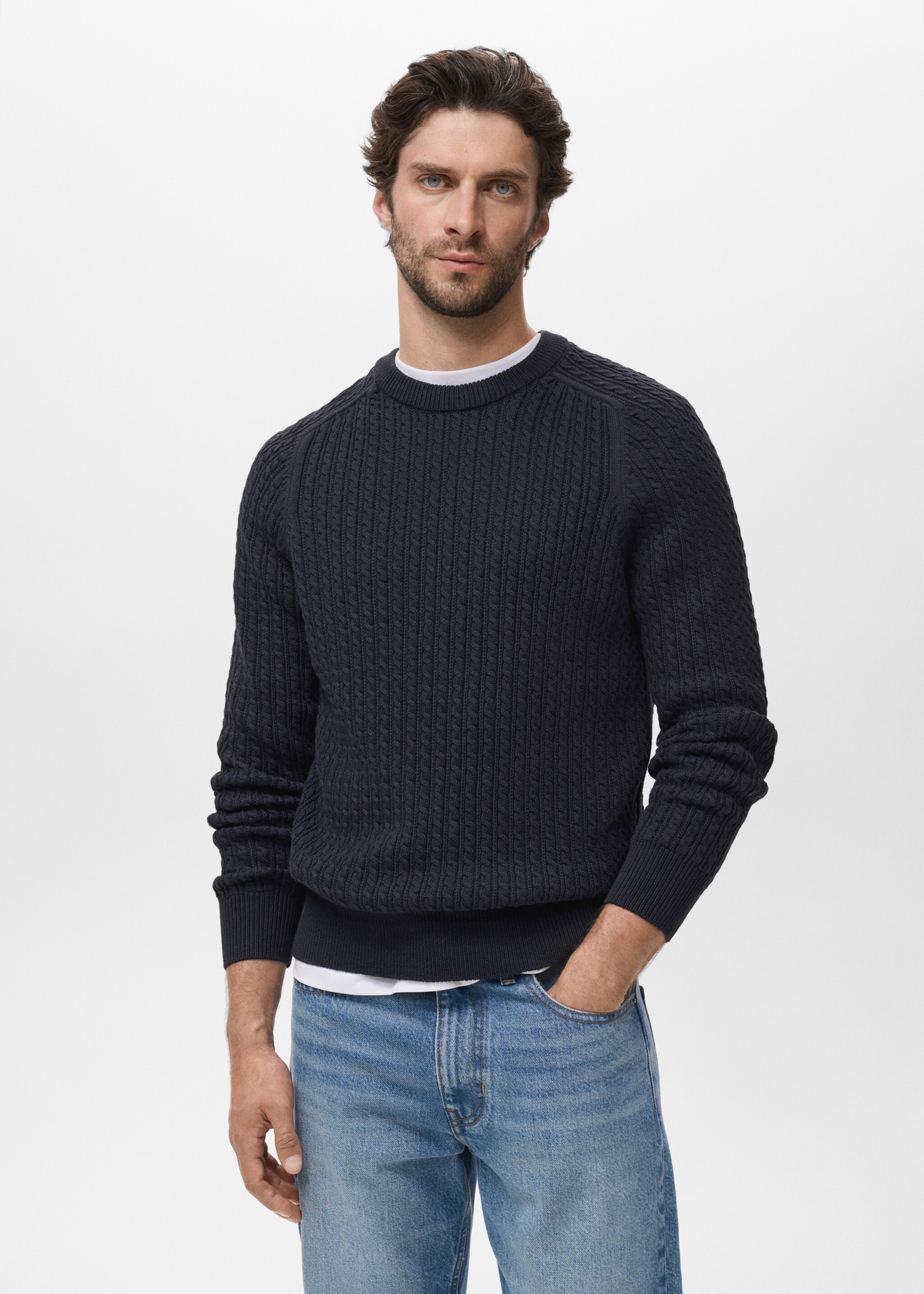 Pull 100 % coton tressé - Plan moyen, Bleu marine. Ref: 17045150-00.
