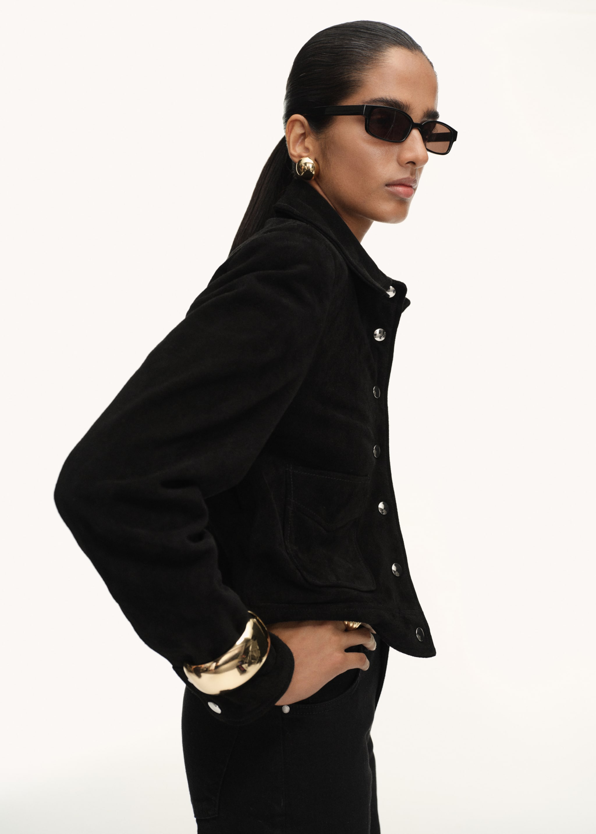Suede leather jacket with buttons - Medium plane, Black. Ref: 17045788-00.