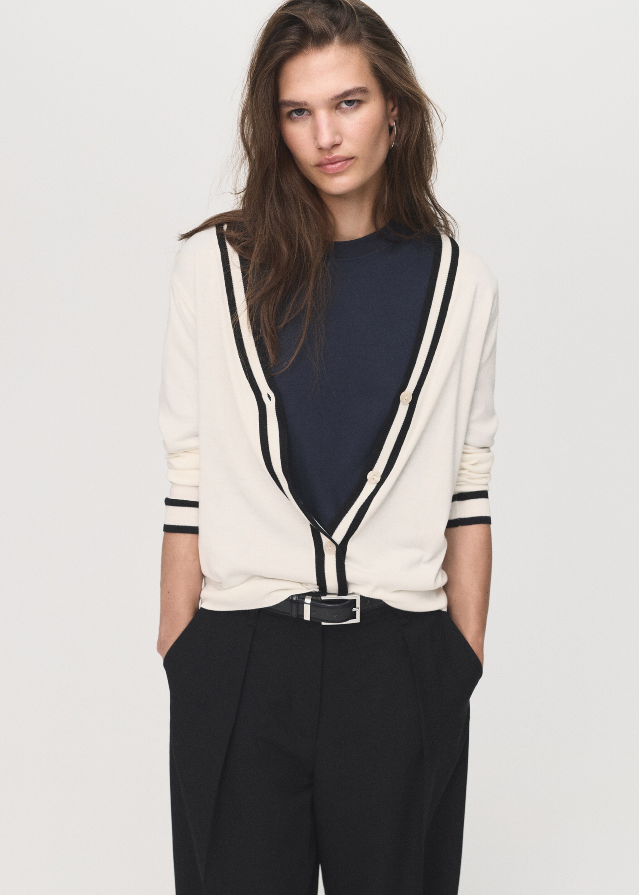 Contrast stripe cardigan - Medium plane, Ecru. Ref: 17045799-00.