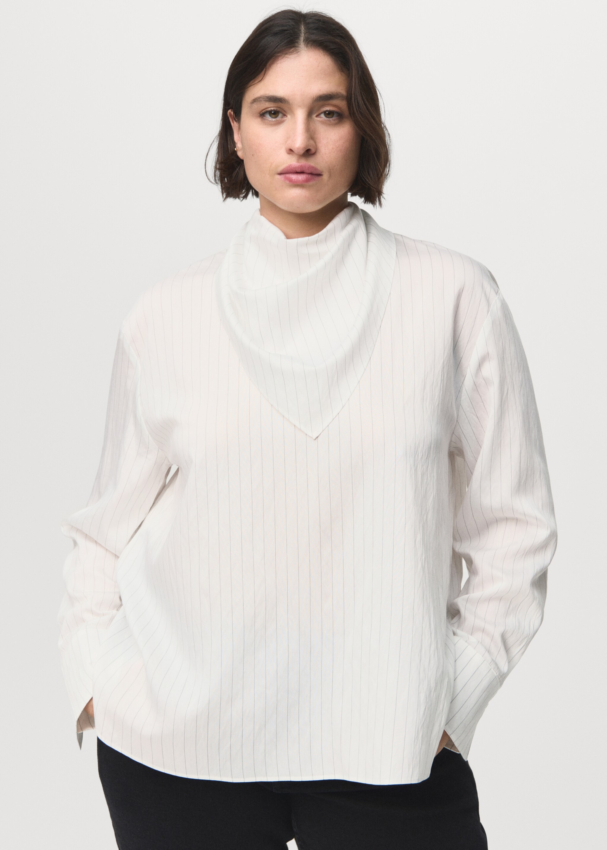 Striped blouse with handkerchief - Details of the article 5, White. Ref: 17045814-00.